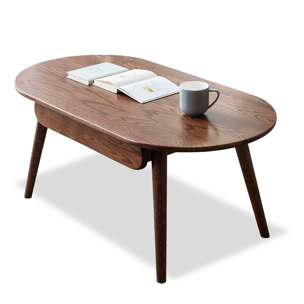 Compact Coffee Table with Storage Drawers and Rounded Edges, Sturdy Center Table with Handle-Free Design, 39.5″ L x 22″ W x 16.5″ H, Oak