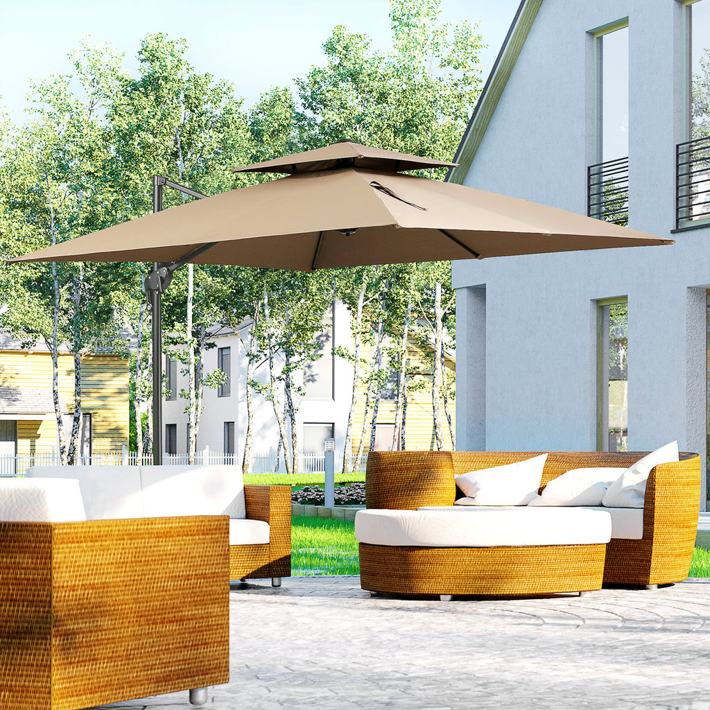 10ft Offset Patio Umbrella with Base, Hanging Aluminum Cantilever Umbrella with 360-degree Rotation, Coffee