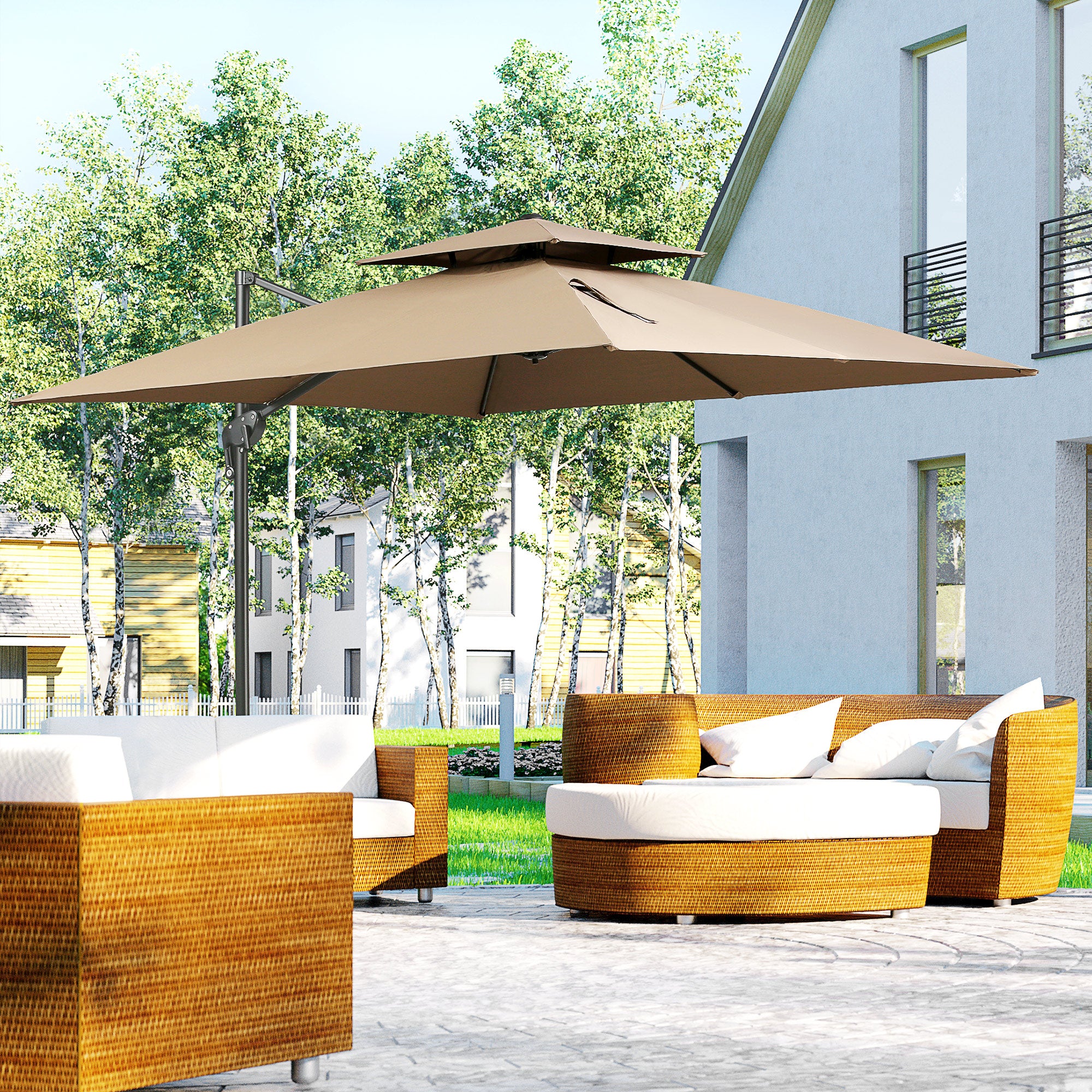 10ft Offset Patio Umbrella with Base, Hanging Aluminum Cantilever Umbrella with 360-degree Rotation, Coffee