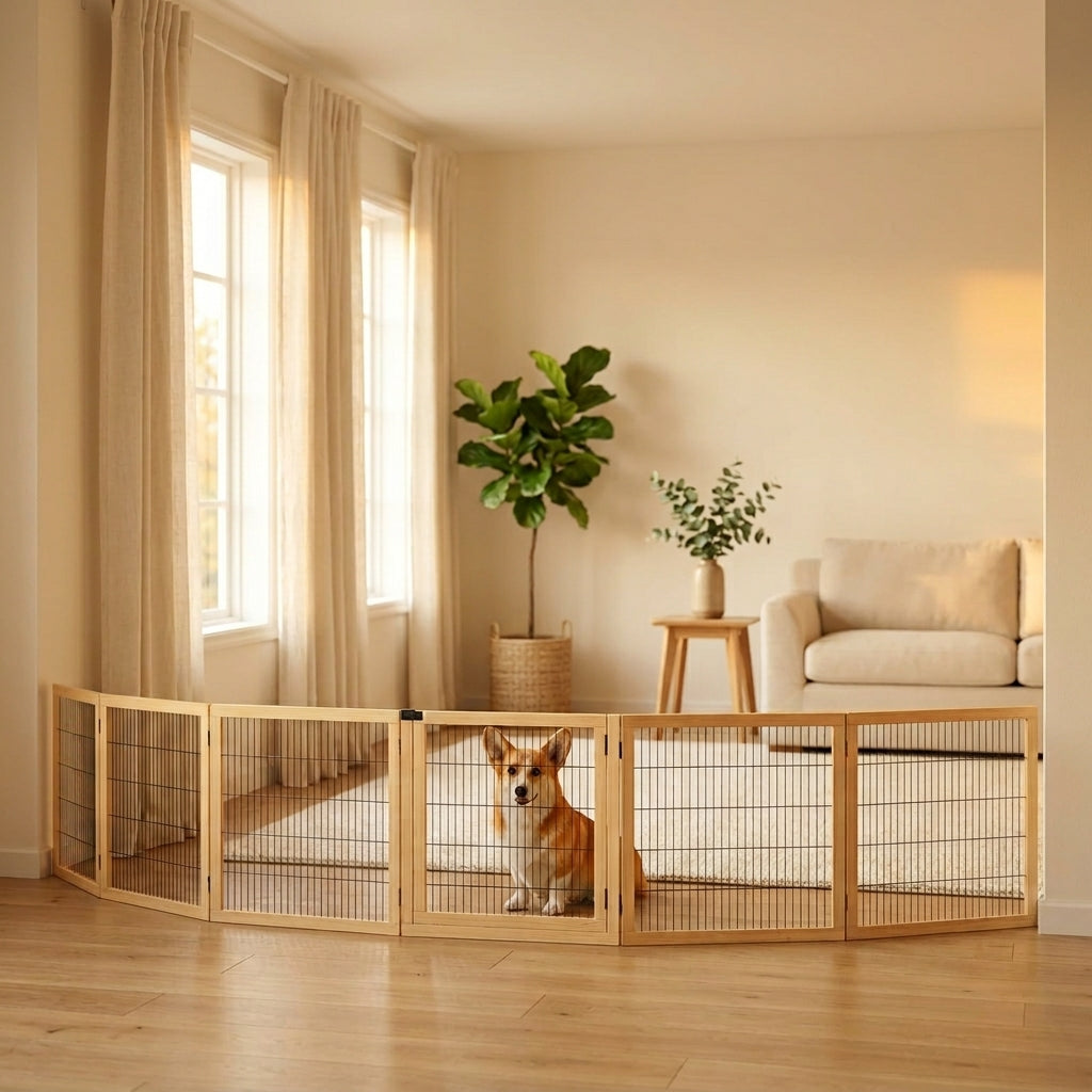 Wooden Pet Gate, 6-Panel Folding Dog Safety Barrier with Support Feet for Small & Medium Dogs, Natural Wood