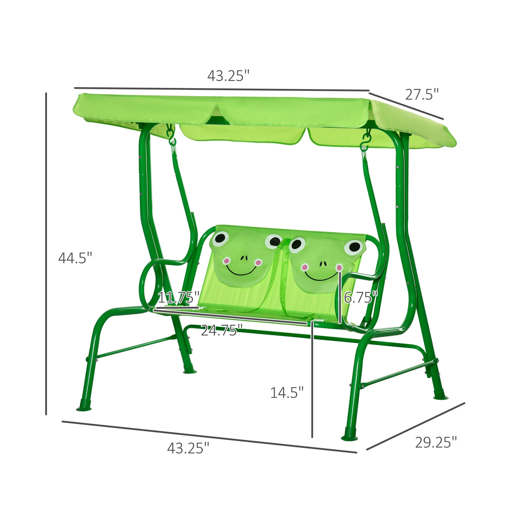 Kids Patio Swing, Adjustable Canopy Swing Glider, Kids Outdoor Swing Chair with 2 Seats, Seat-Belted Safety, Green