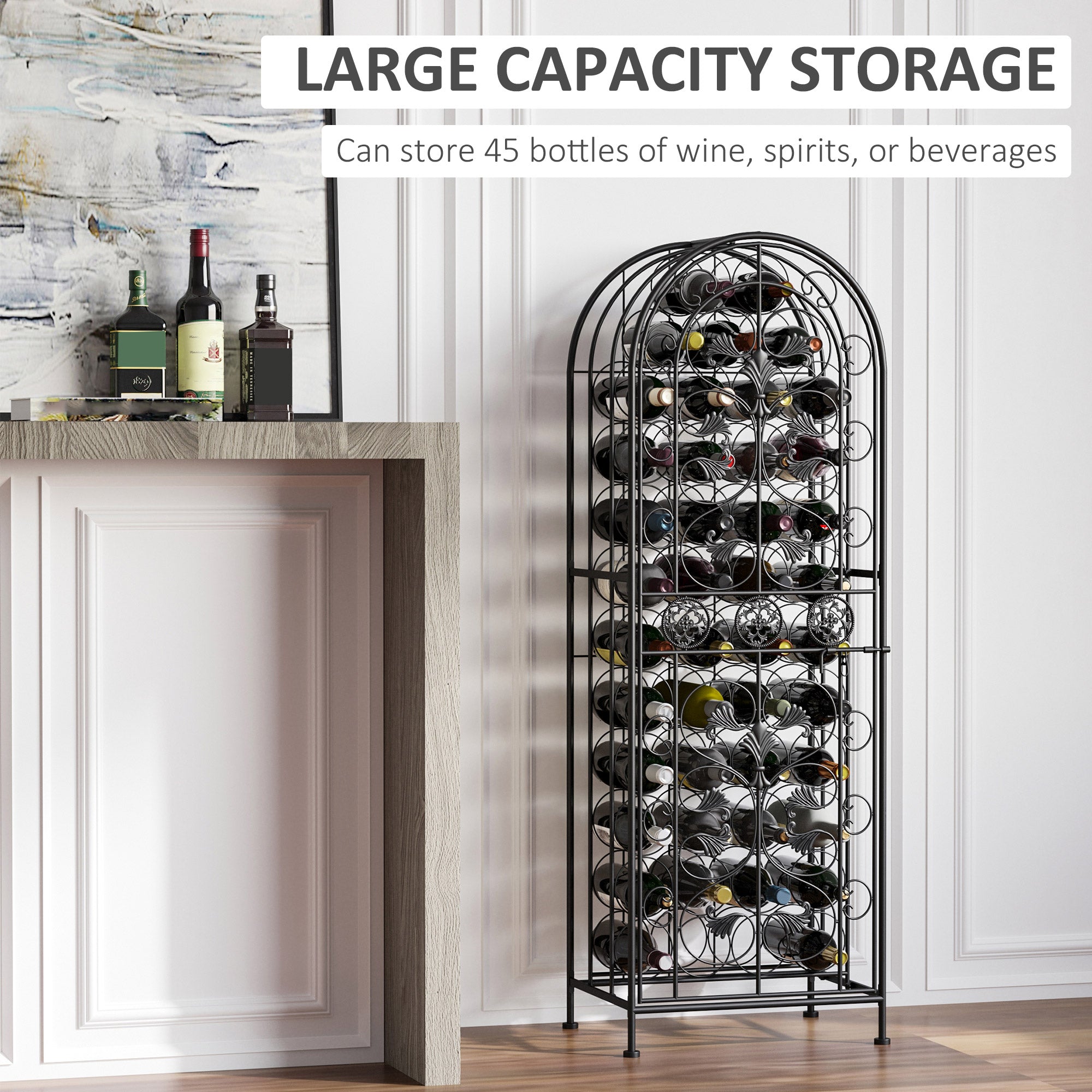 45-Bottle Modern Wine Organizer Decorative Portable Wrought Iron Wine Rack Jail