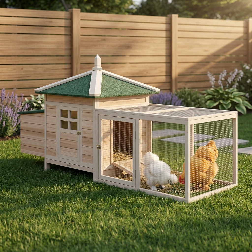 77" Wooden Chicken Coop with Nesting Box, Cute Outdoor Hen House with Removable Tray, Ramp Run, for Garden Backyard, Natural