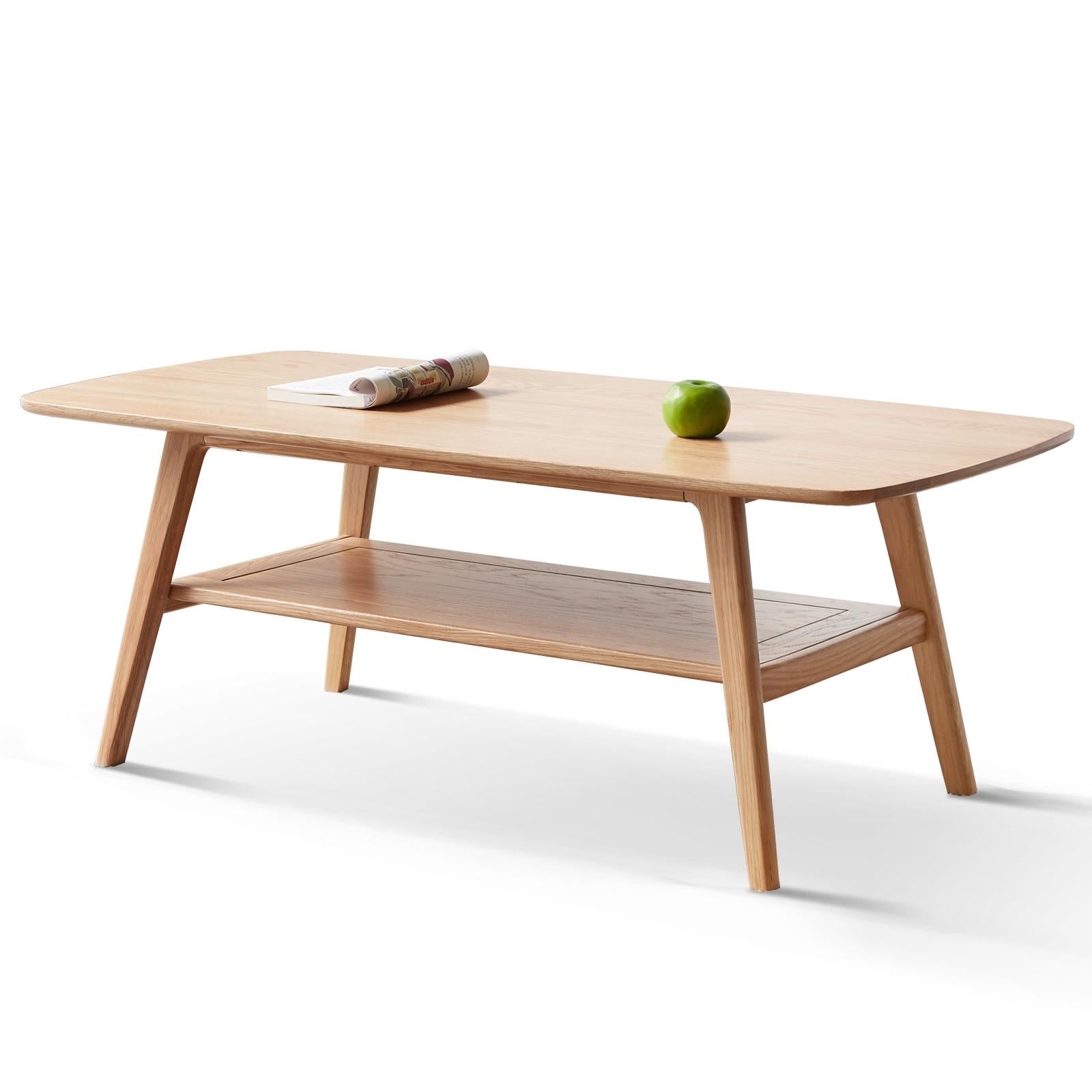 Sturdy Coffee Table with 2-Tier Storage Shelf & Wood‑Grain Top, Safe Center Table with Rounded Corners, 39.5″ L x 19.5″ W x 17.5″ H, Oak