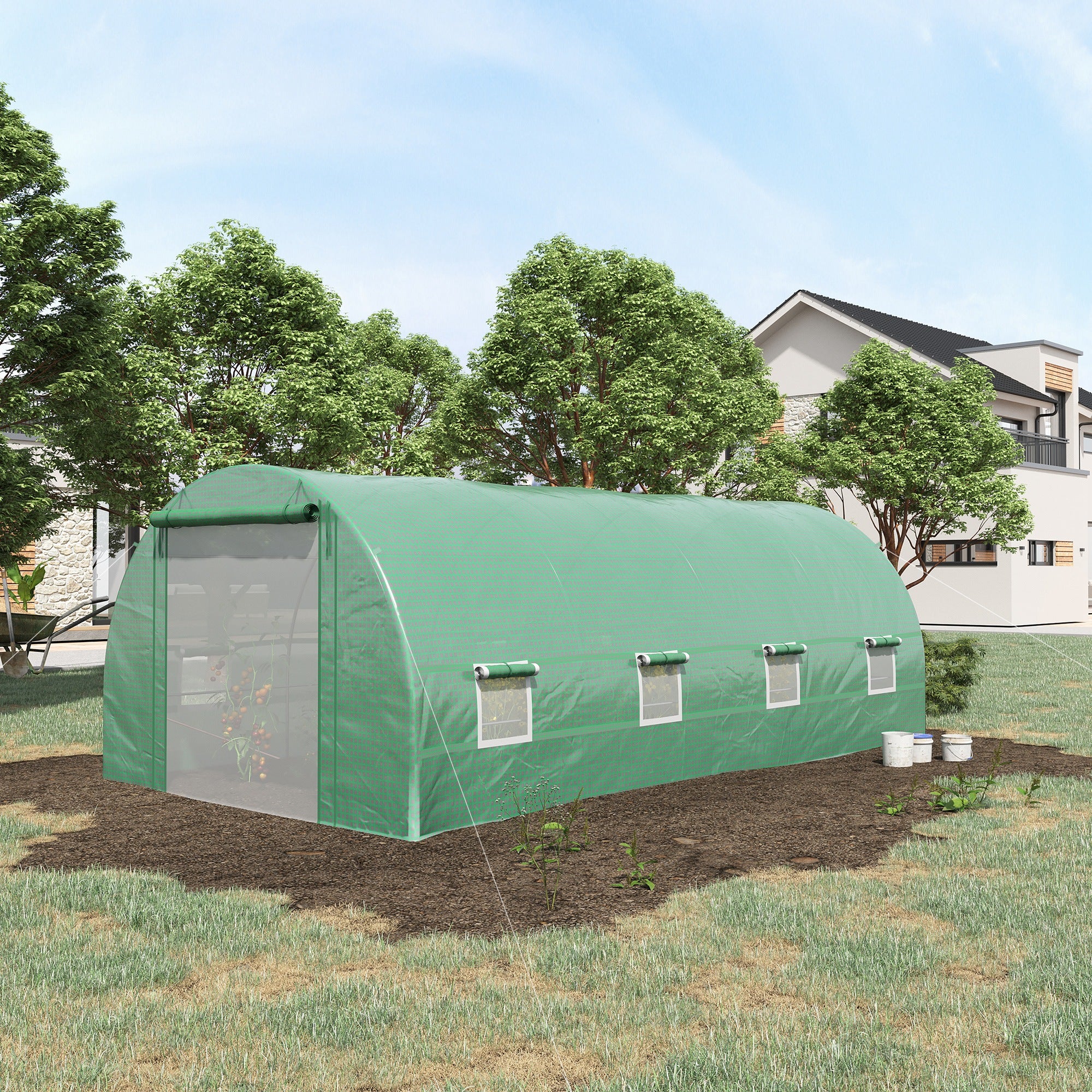 Steel Frame Walk-In Tunnel Greenhouse Garden Warm House Large Hot House Kit with Windows & Door, 19' x 10' x 7', Green