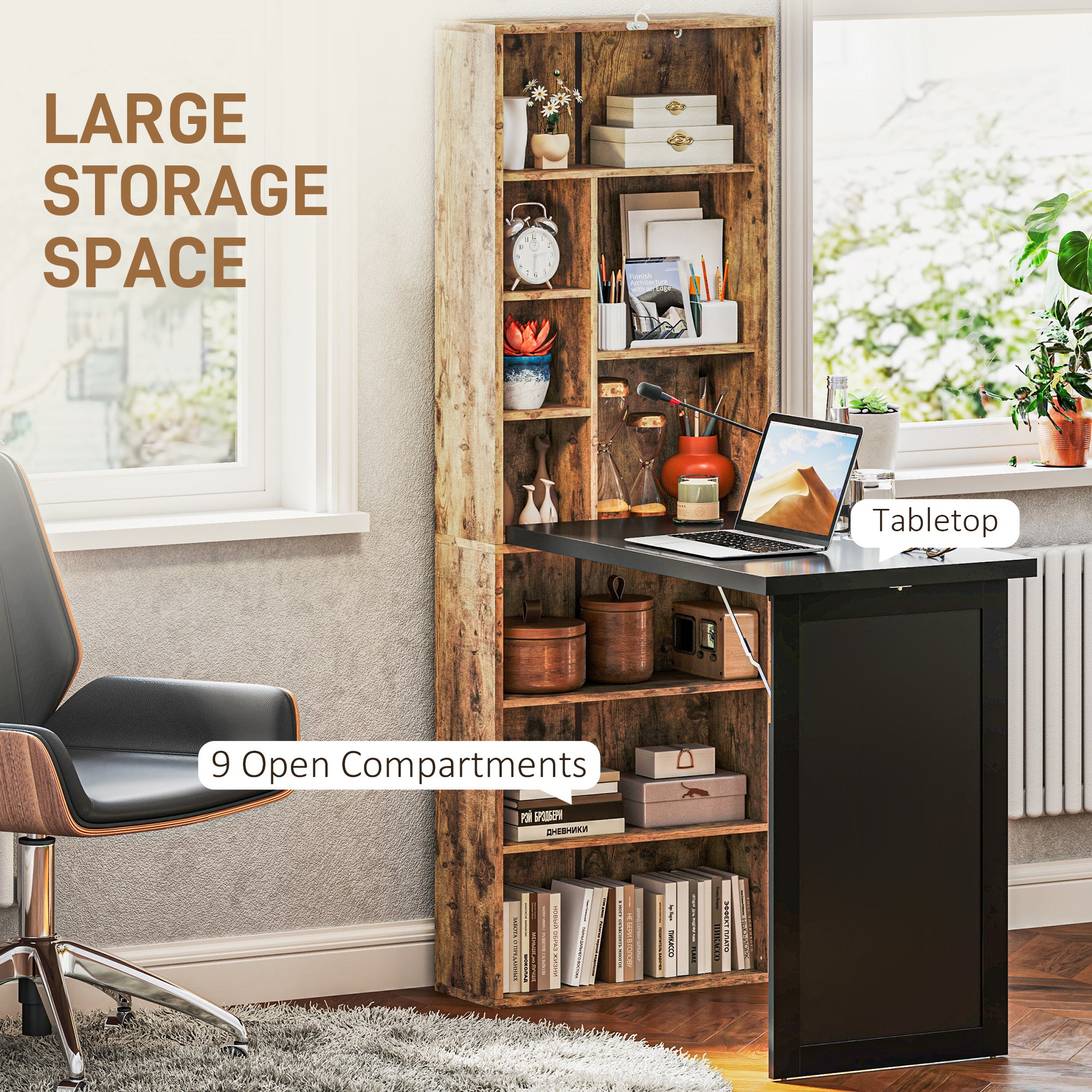 Fold-out Convertible Home Office Desk, Computer Desk with Blackboard and Side Shelf, Rustic Brown
