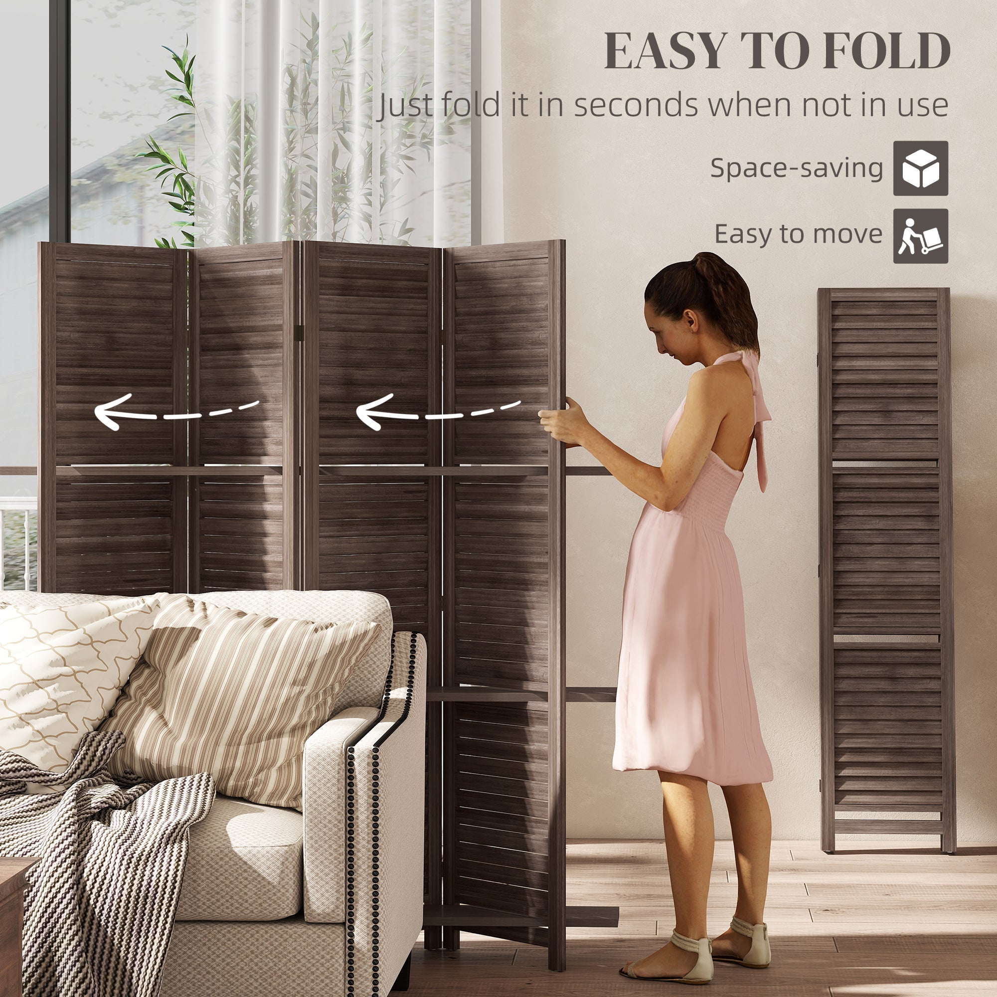 4 Panel 67" Tall Wood Privacy Screen Room Divider with 3 Shelves and Folding Storage for Bedroom, Walnut