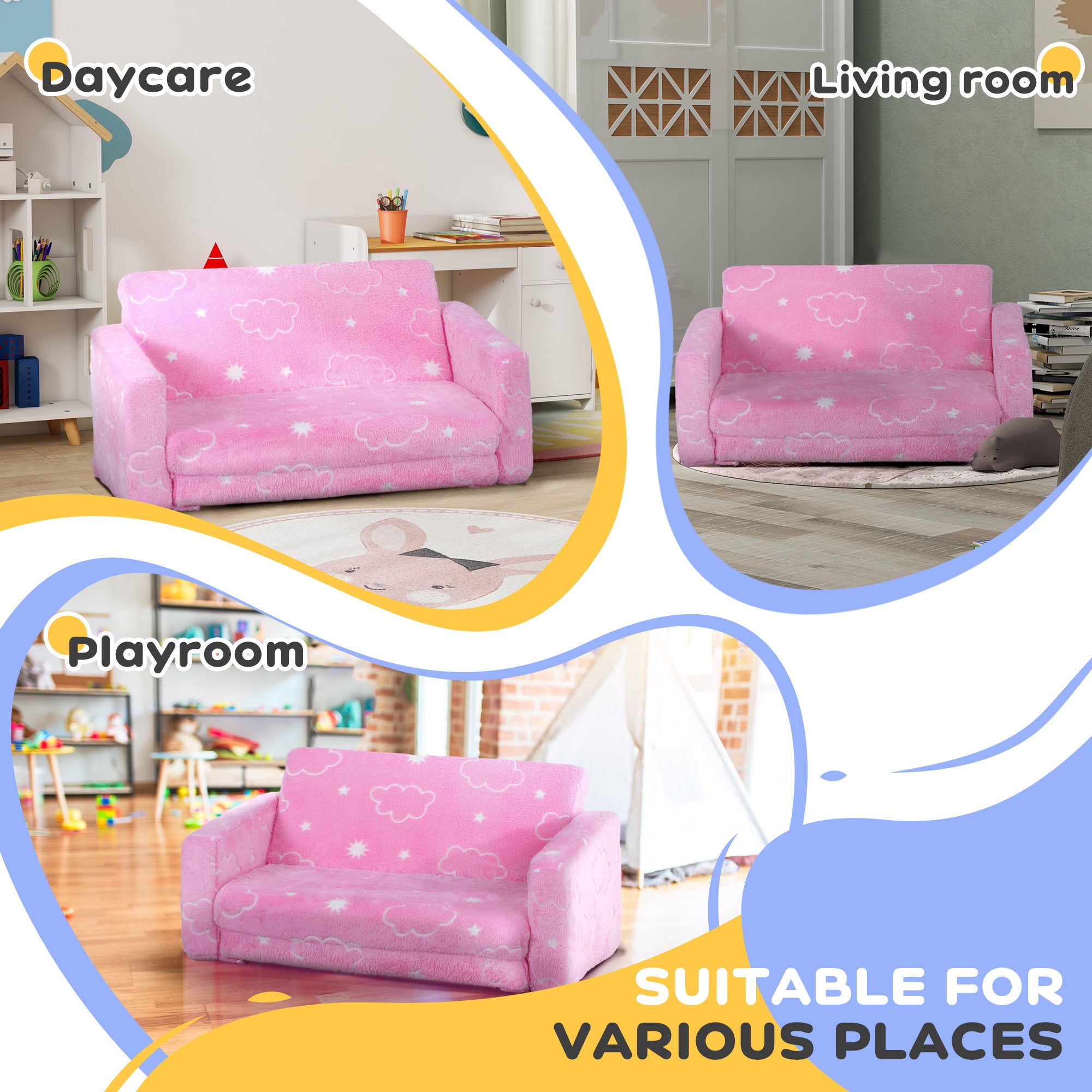 Couch with Glow in the Dark Cloud Pattern, Washable Cover, Pink