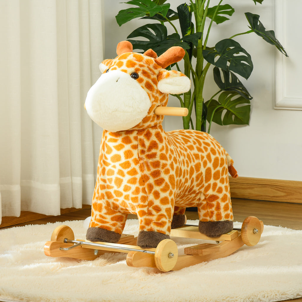 Rocking Horse, 2 in 1 Kids Ride on Horse, Rolling Giraffe Animal Rocker with Sound, Wooden Base, Pedal, Grip Handle, Plush Riding Pony for 3-6 Years Old, Yellow