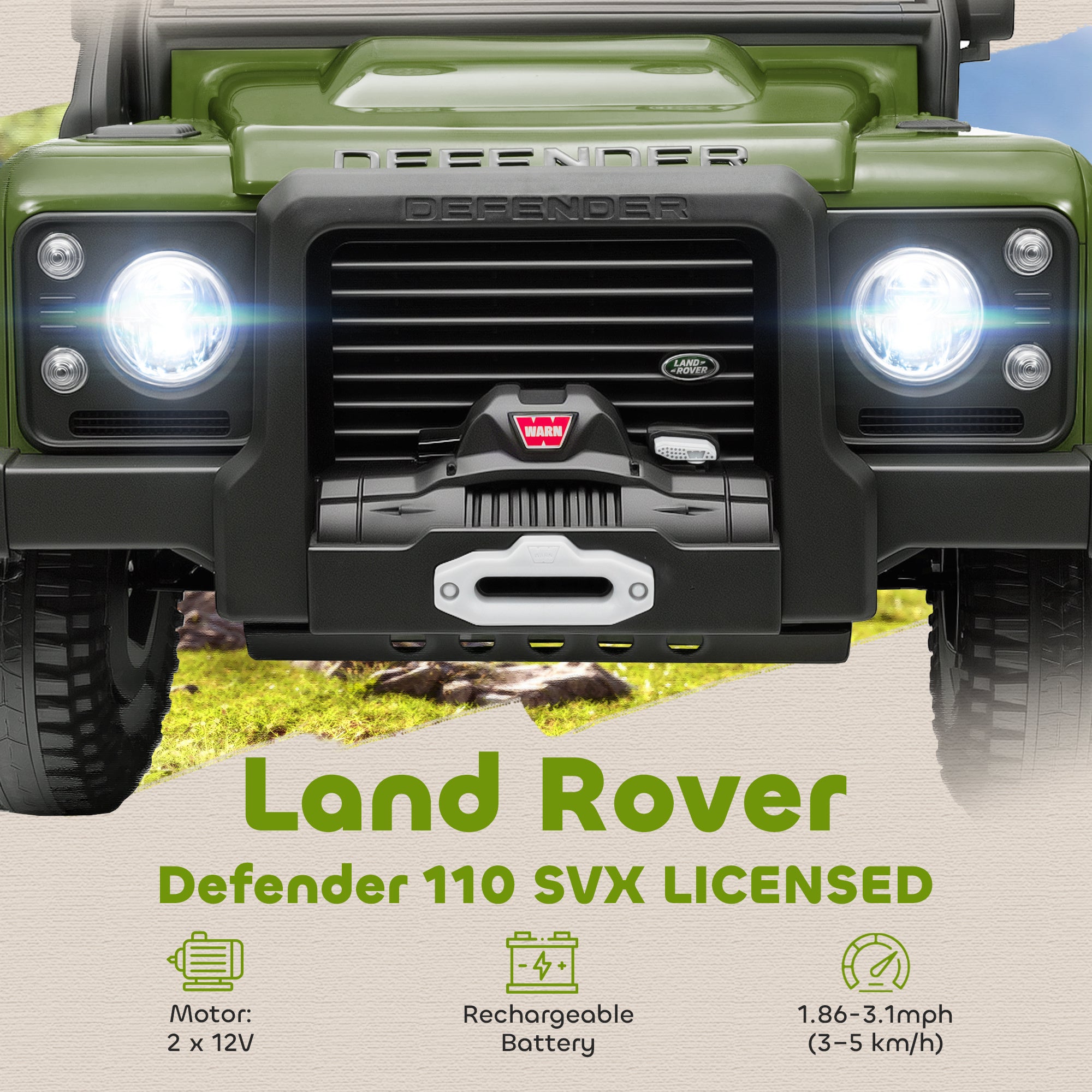 Licensed Electric Car for Kids with Remote Control, Dual Motors, Spring Suspension, LED Lights, Dark Green