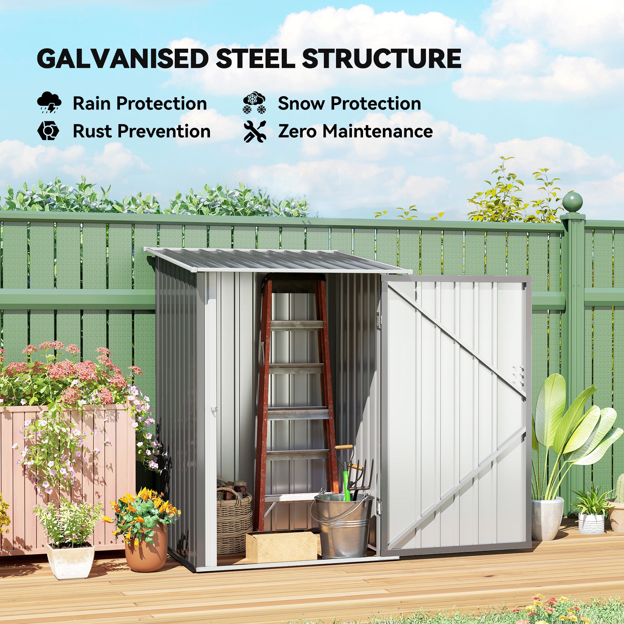 Outdoor 3.3' x 3.4' Lean-to Garden Storage Shed, Galvanized Steel Tool House with Lockable Door for Patio, Gray