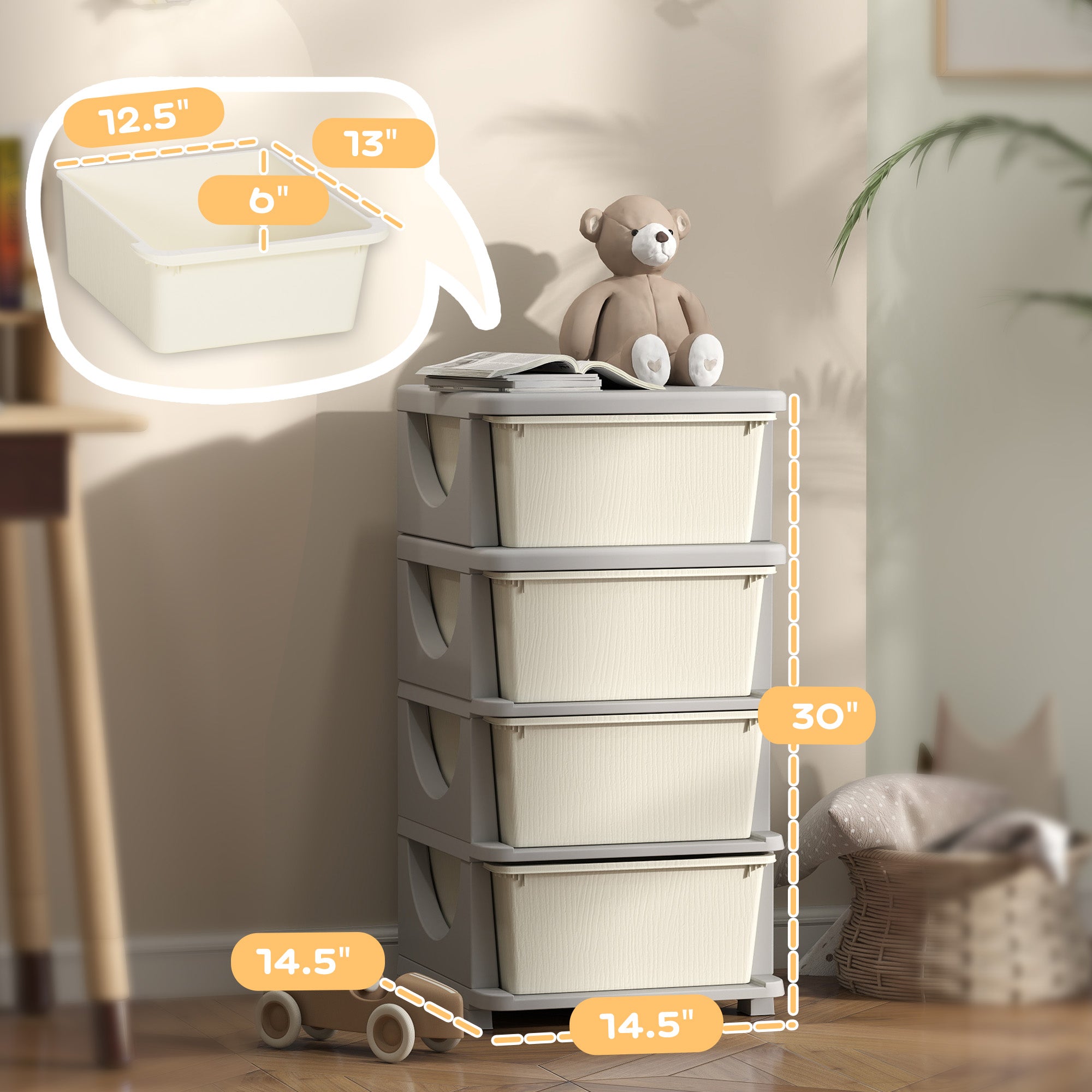 30" 4 Tier Kids Storage Unit Dresser Tower w/ 4 Drawers, Cream White