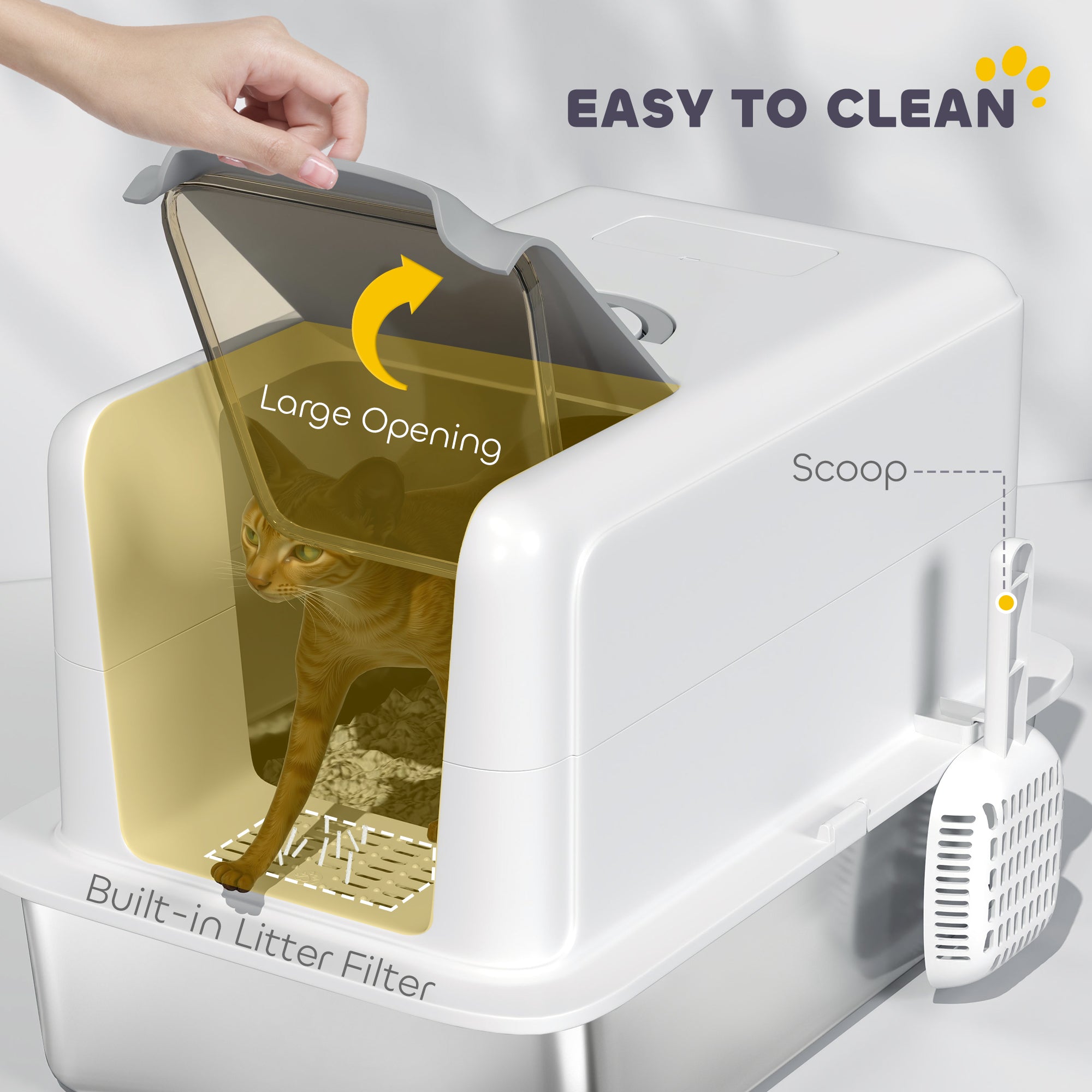 2 in 1 Stainless Steel Cat Litter Box with Removable Lid, Scoop, Filter Bags, for Small to Large Cats, White