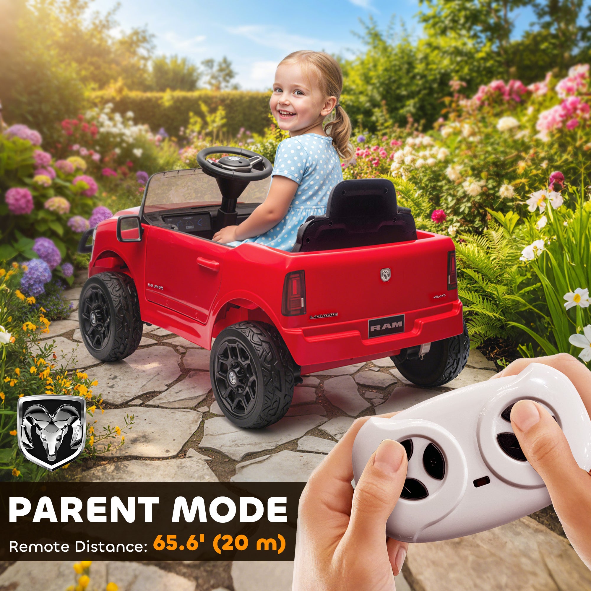 12V Kids Ride on Car, Licensed RAM 3500 Ride on Toys with Dual Motors, Remote Control for Toddlers, Red