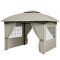 11' x 11' Outdoor Gazebo, Double Roof Patio Gazebo with Curtains, Church Windows, Galvanized Steel Frame, Light Gray