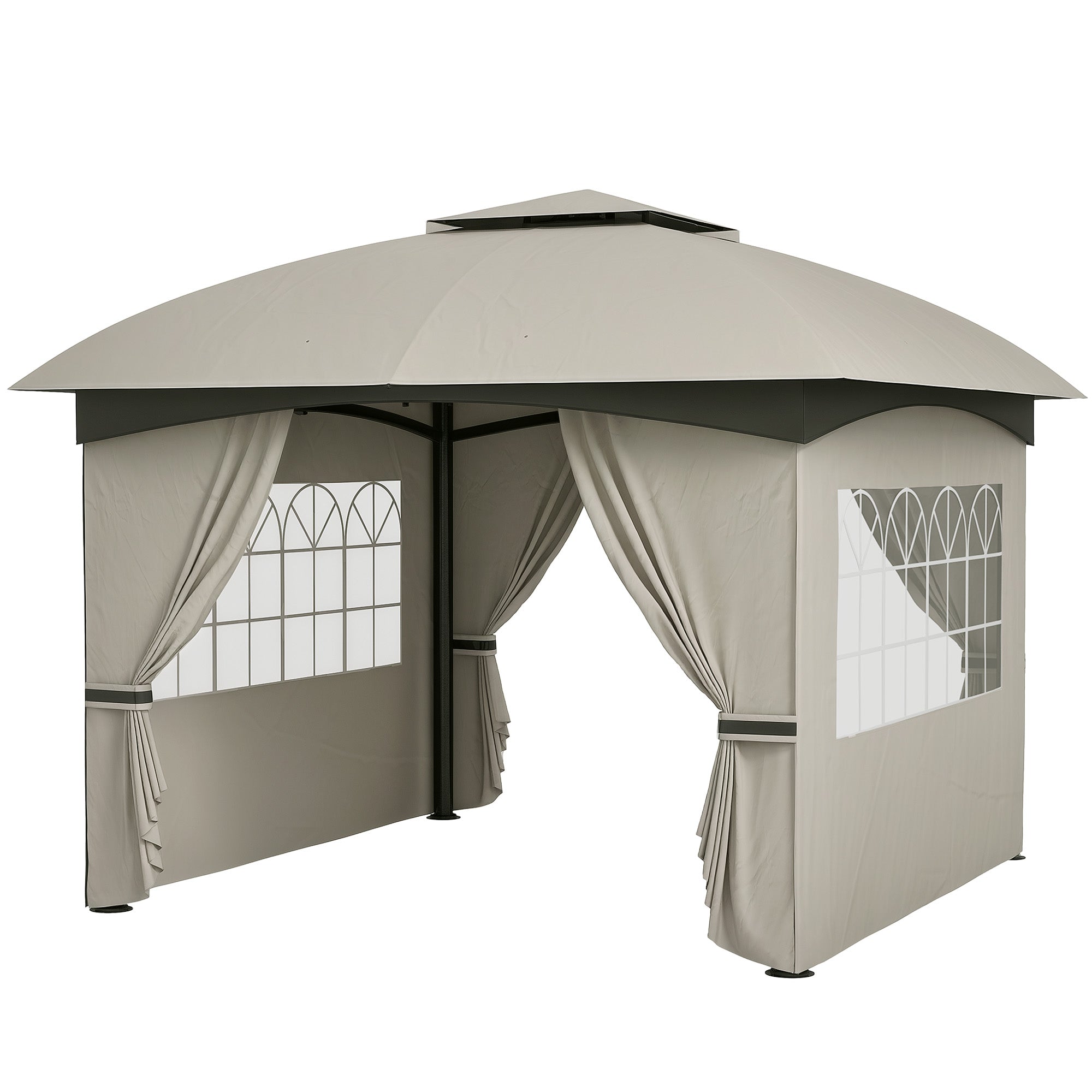 11' x 11' Outdoor Gazebo, Double Roof Patio Gazebo with Curtains, Church Windows, Galvanized Steel Frame, Light Gray