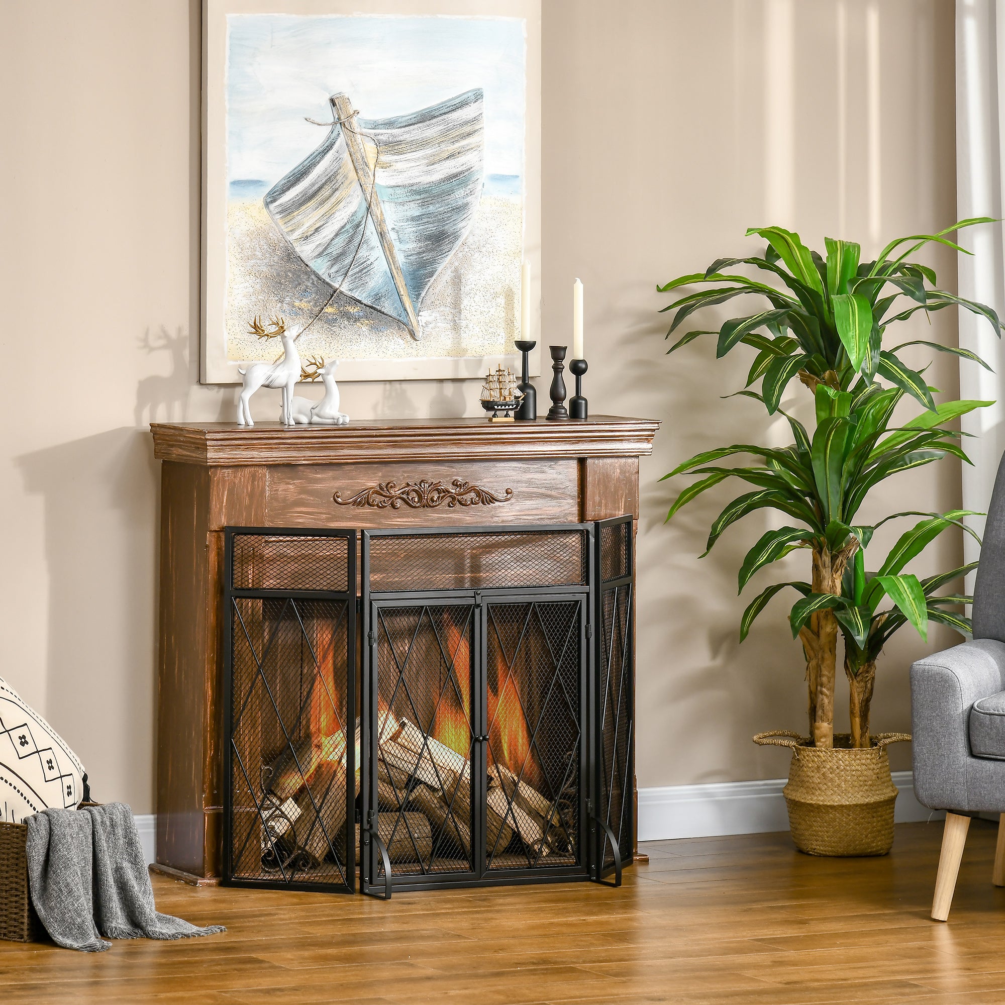 3-Panel Folding Fireplace Screen for Wood Burning with Double Doors, Home Heavy Duty Steel Fire Spark Guard, 47.25" W x 31" H, Black