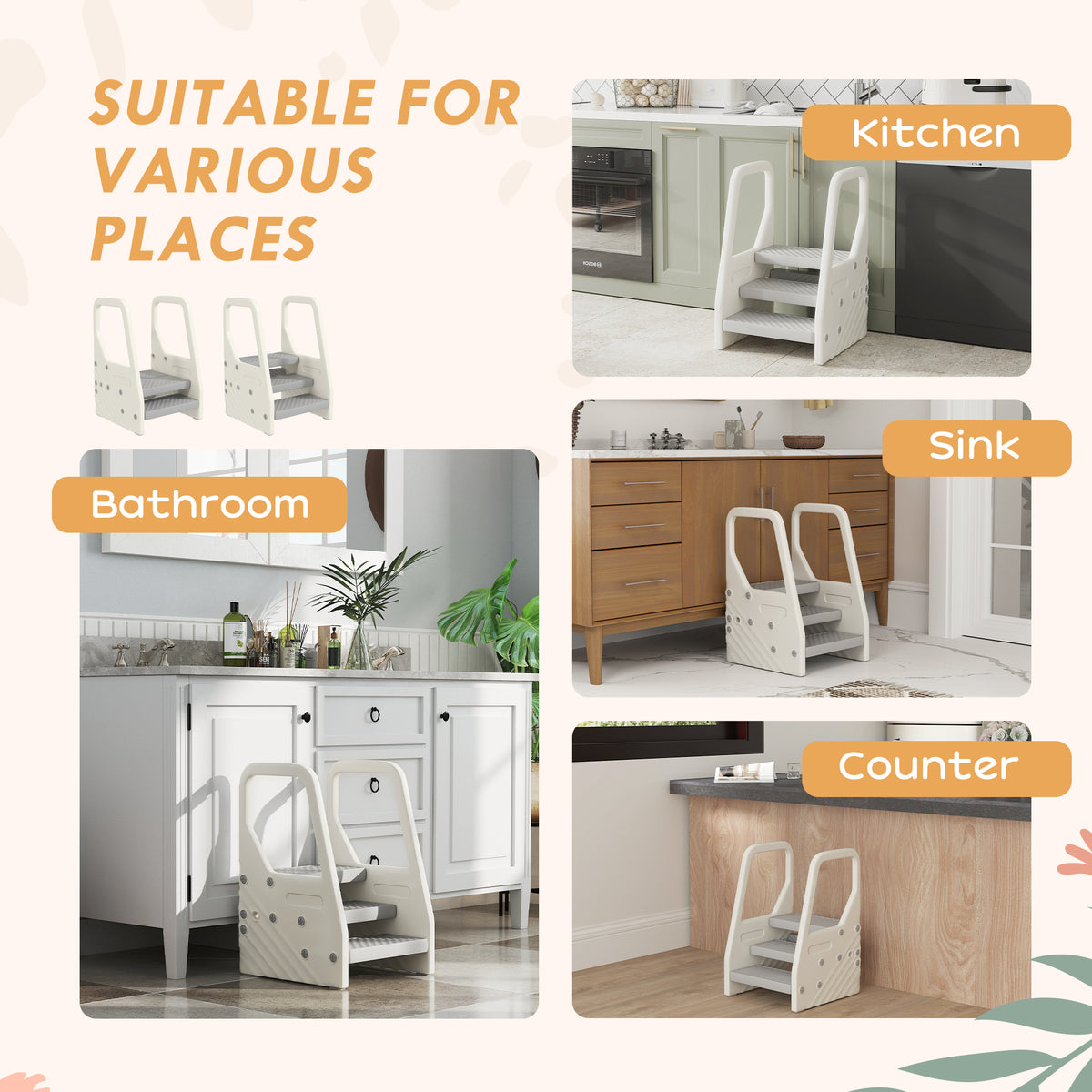 Adjustable 3 Step Toddler Tower with Handles, Non-slip Surface & Foot Pads, Gray