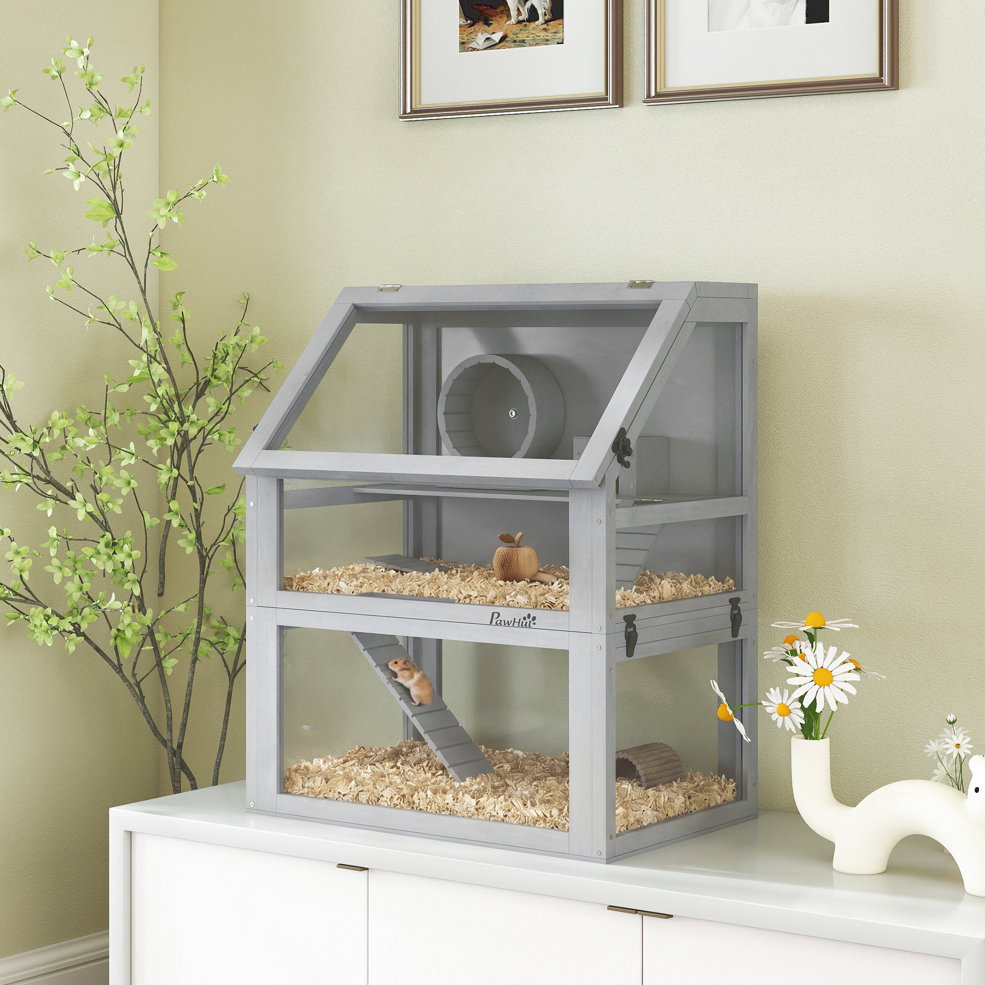 3 Tier Wooden Hamster Cage w/ Detachable Bottom, Hut, Seesaw, Exercise Wheel, Ramps, 24" x 16" x 29.5"