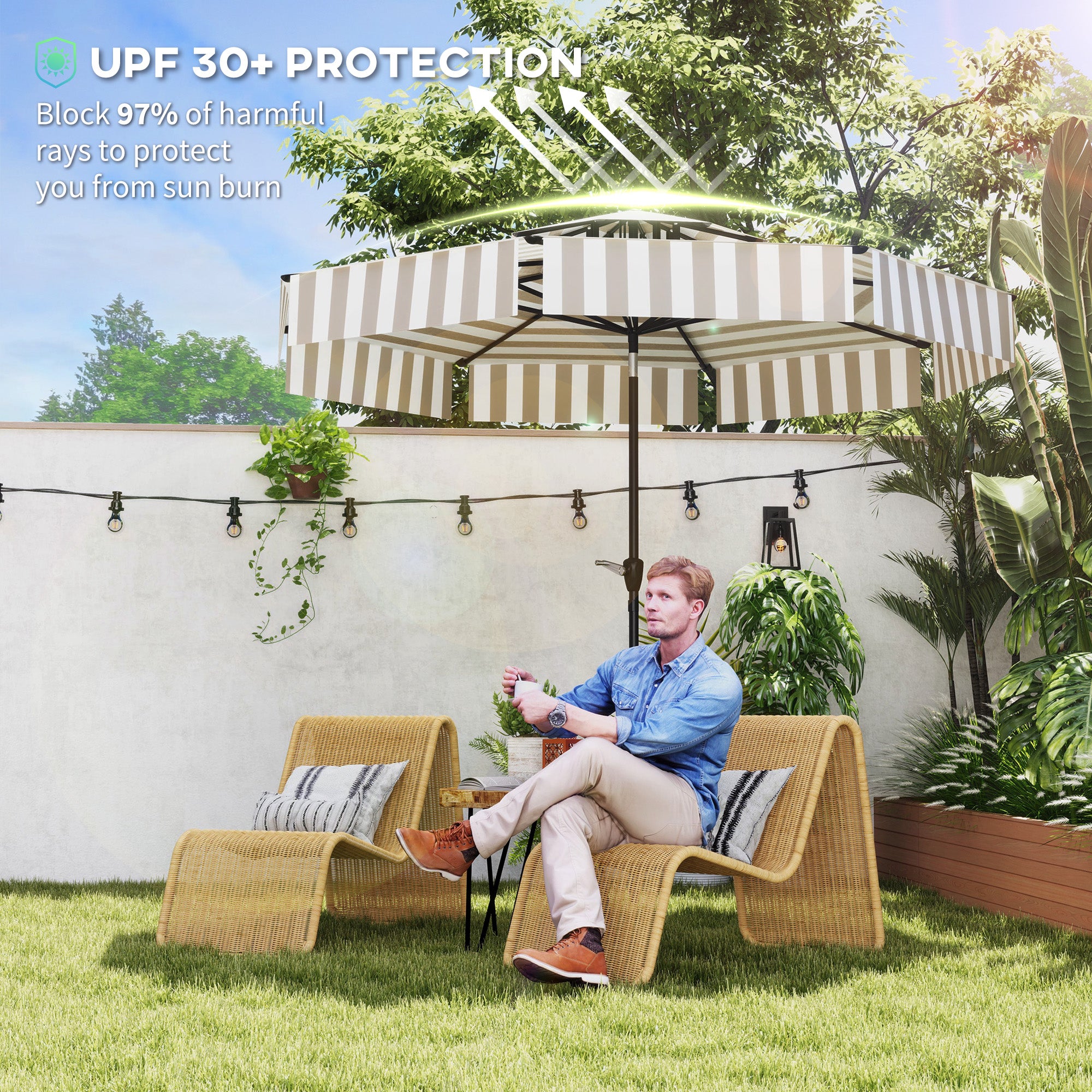 8.6FT Patio Umbrella, UPF 30+ Outdoor Market Umbrella, 2-Tier Vented Patio Table Umbrella with Crank 8 Ribs, Tiltable Porch Umbrella for Garden Deck Poolside, Light Gray
