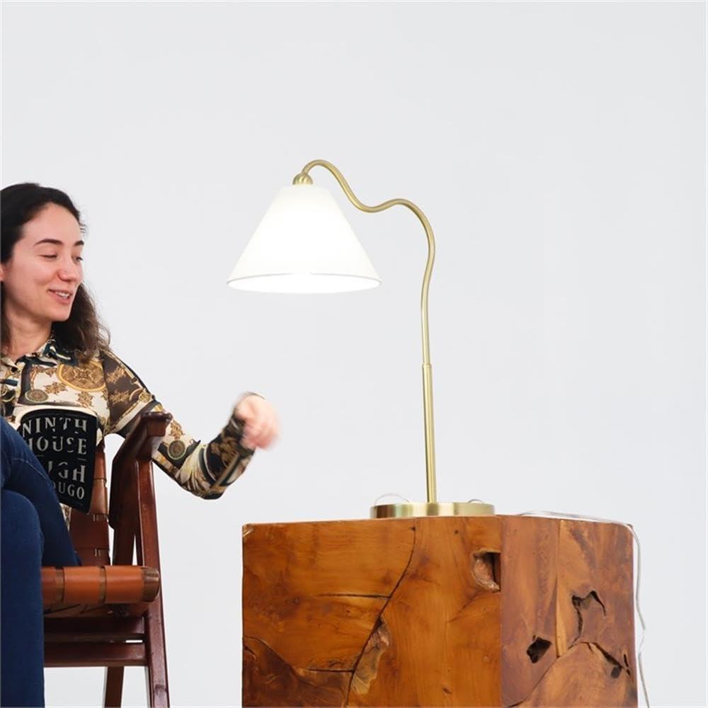 Ornate Brass Ring Base Curved Table Lamp with Triangle White Drum Shade, Modern Design, 18" L x 9.5" W x 22" H, Gold+White