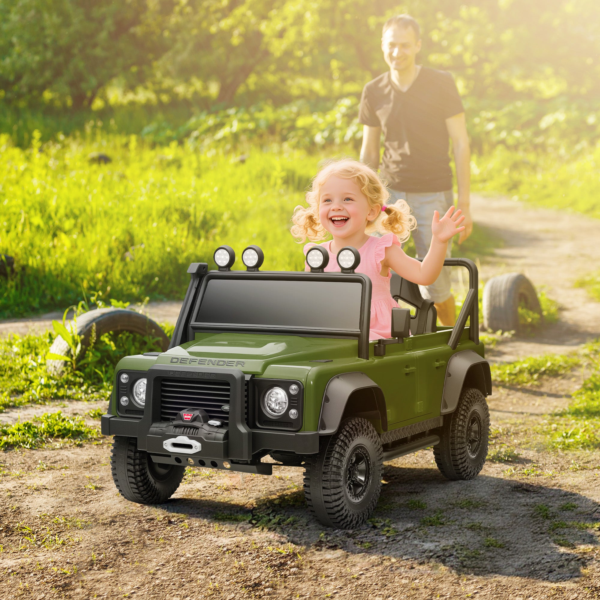 Licensed Electric Car for Kids with Remote Control, Dual Motors, Spring Suspension, LED Lights, Dark Green
