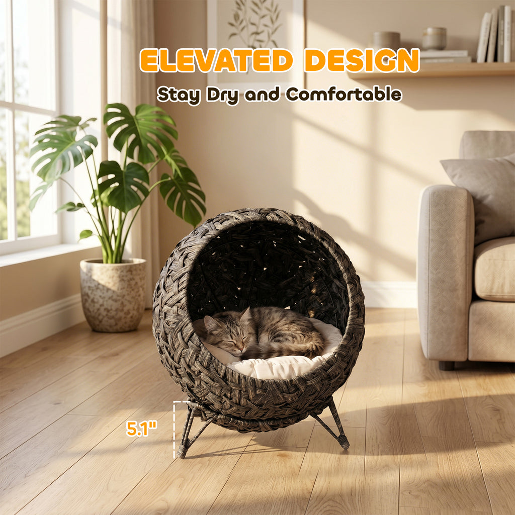 Rattan Cat Bed, Elevated Handwoven Cat Basket Bed with Soft Cushion and Metal Base