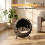 Rattan Cat Bed, Elevated Handwoven Cat Basket Bed with Soft Cushion and Metal Base