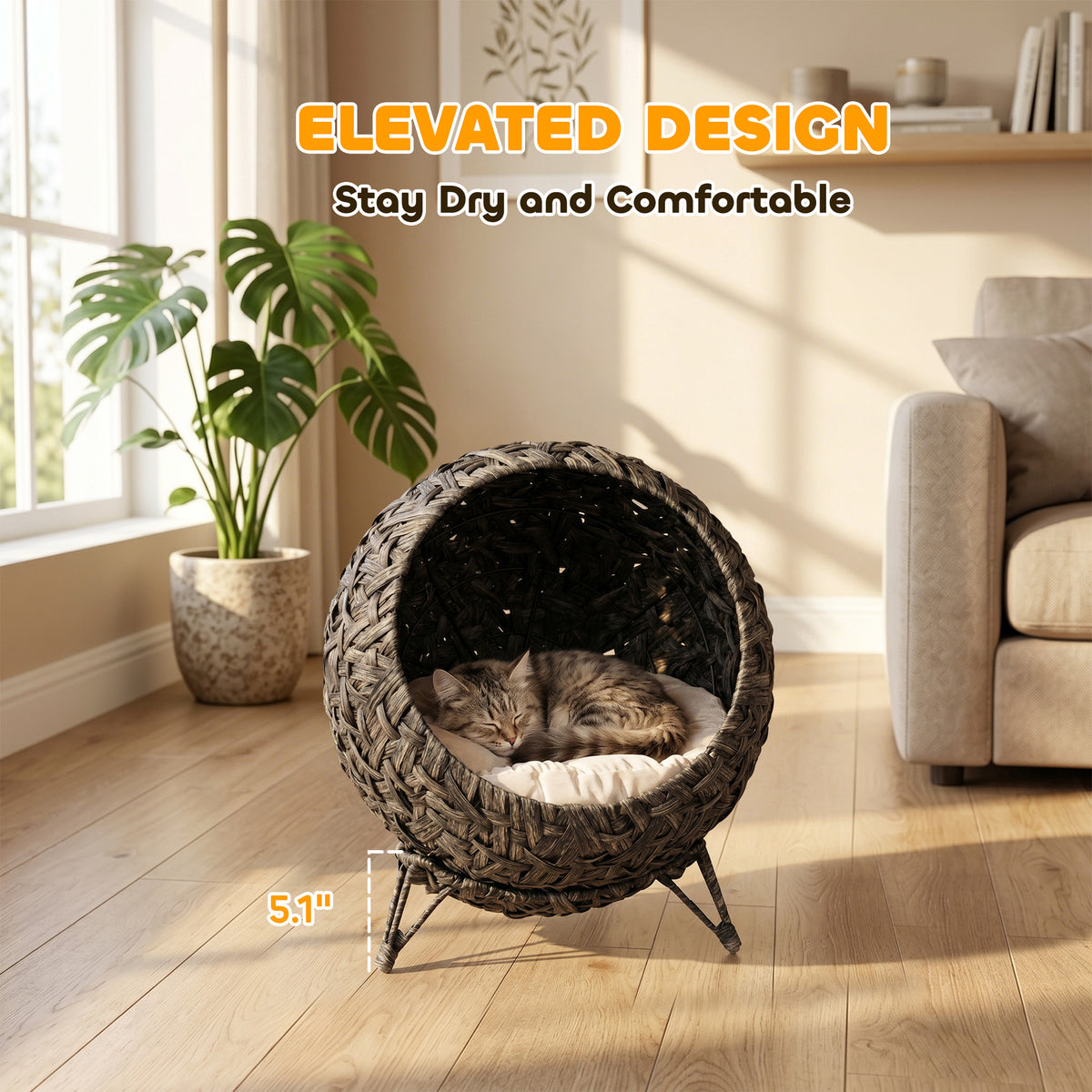Rattan Cat Bed, Elevated Handwoven Cat Basket Bed with Soft Cushion and Metal Base