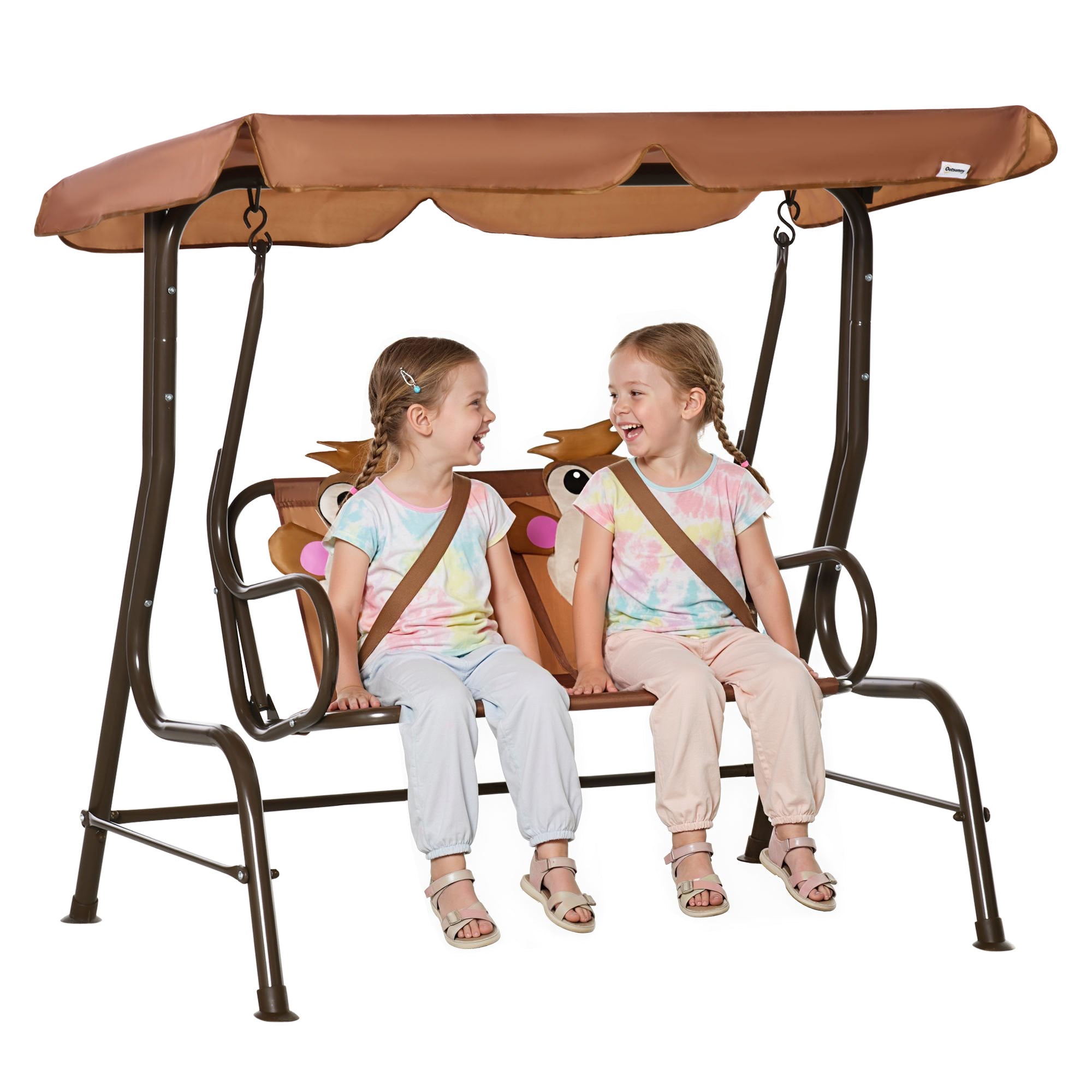 Kids Patio Swing, 2-Seater Outdoor Swing Chair with Adjustable Canopy and Safety Belt, Monkey Pattern Hanging Swing Bench for Garden or Backyard, Coffee