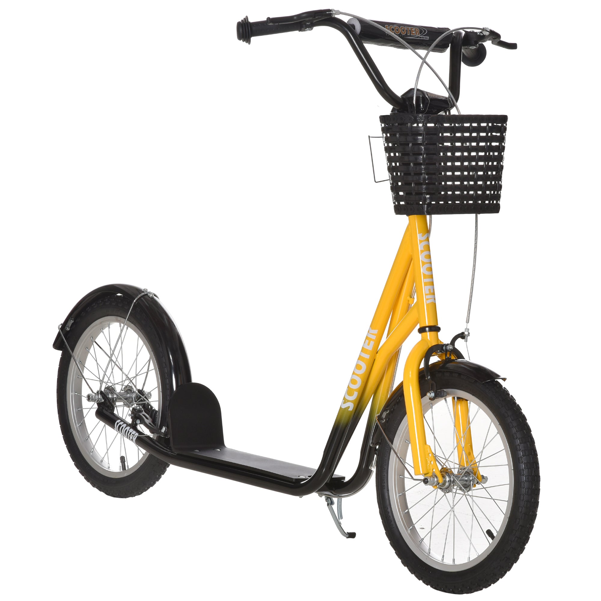 Youth Scooter, Kick Scooter with Adjustable Handlebars, Double Brakes, 16" Inflatable Rubber Tires, Basket, Cupholder, Orange