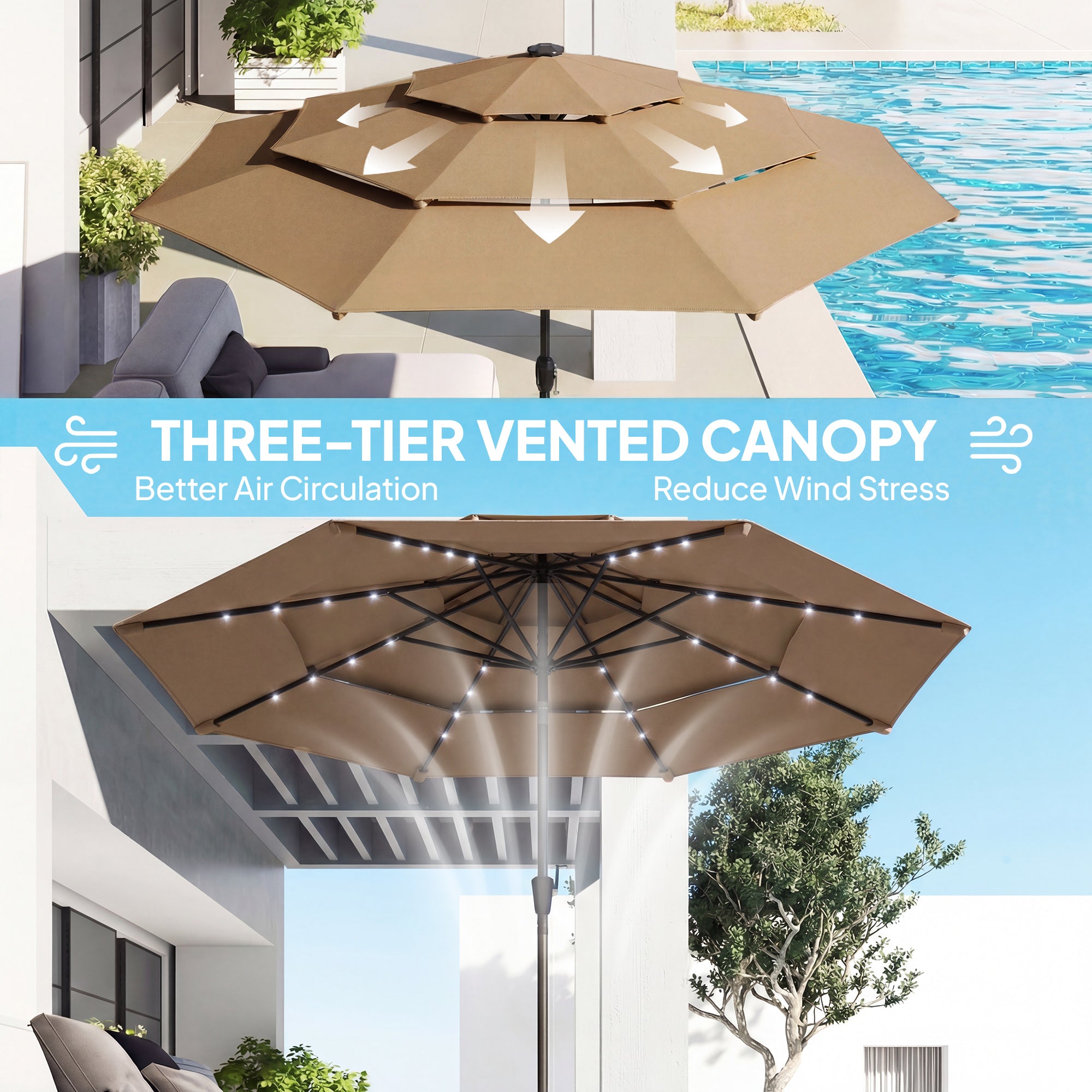 9.7 ft Outdoor Patio Umbrella with Solar LED Lights, 3 Tier Outdoor Table Umbrella with Tilt, Crank, Khaki