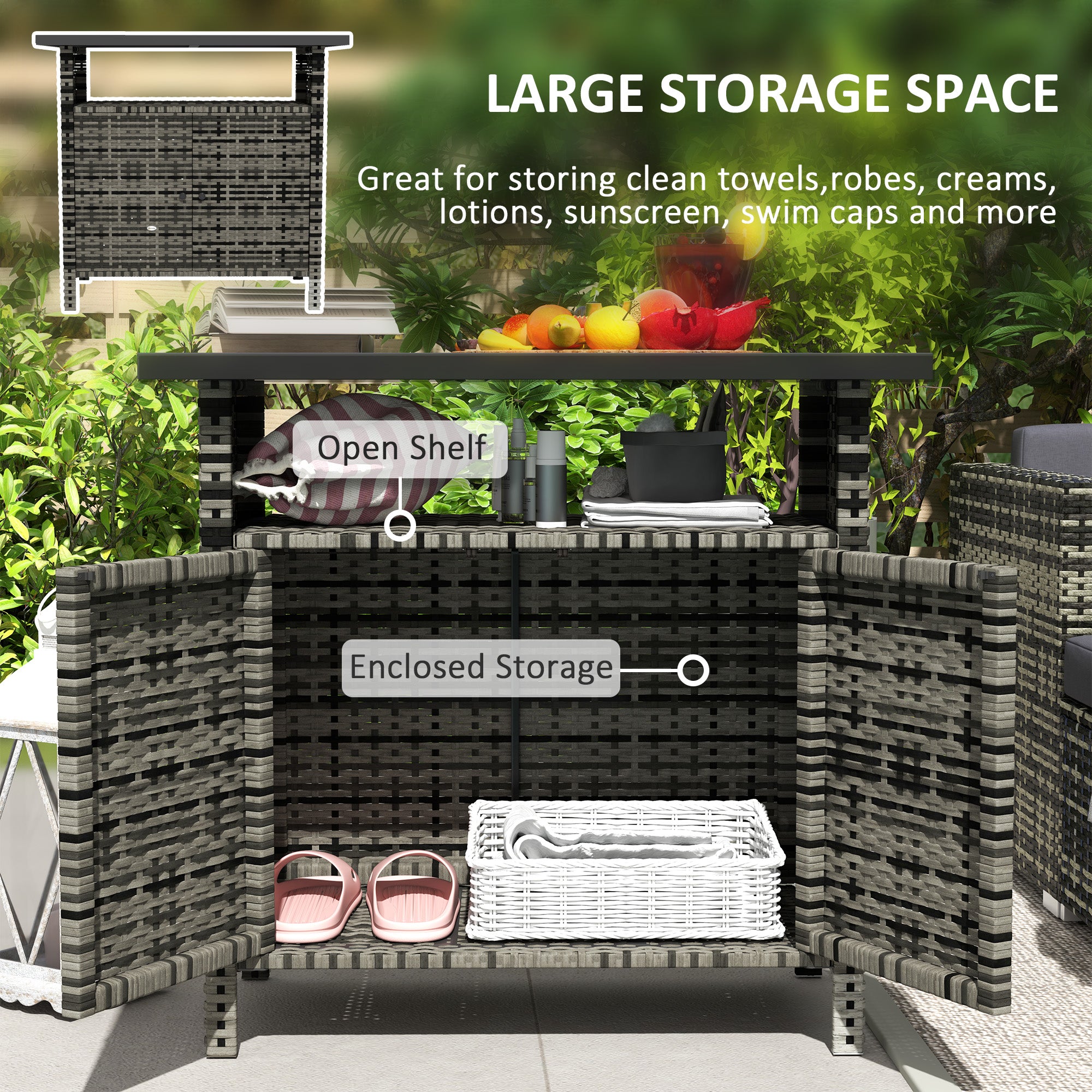 Wicker Outdoor Storage Cabinet with Two Doors and Shelf for Outdoor Pool Towel Storage, Mixed Gray