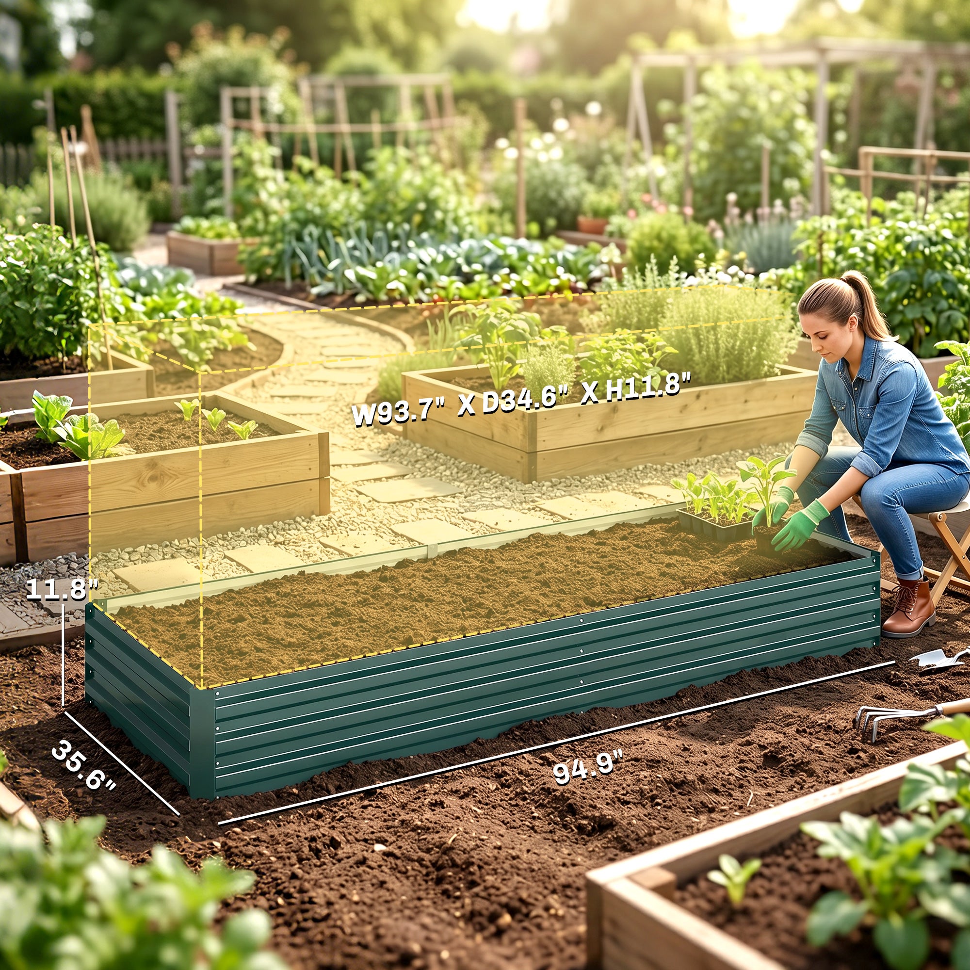 95" x 36" x 12" Galvanized Raised Garden Bed, Easy DIY and Cleaning for Growing Flowers, Herbs, Succulents, Green