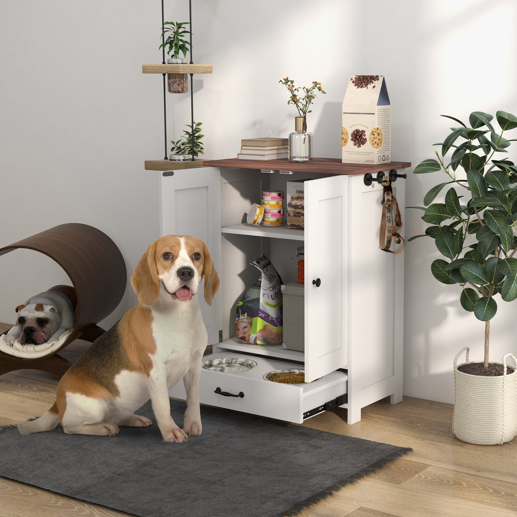 Pet Feeding Station, Dog Food Storage Cabinet w/ Raised Dog Bowls, Adjustable Panel, Hooks for Medium Dogs, White