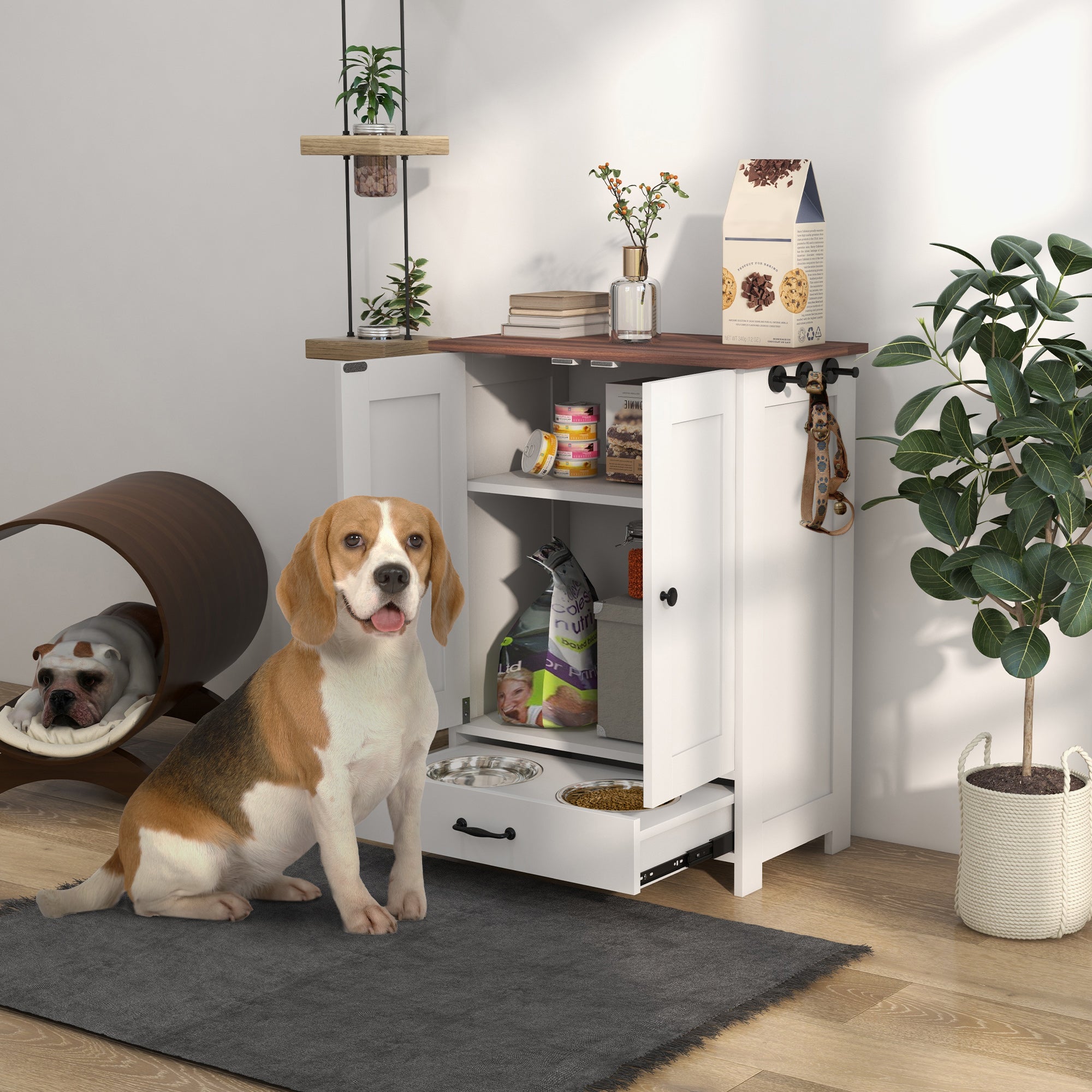 Pet Feeding Station, Dog Food Storage Cabinet w/ Raised Dog Bowls, Adjustable Panel, Hooks for Medium Dogs, White