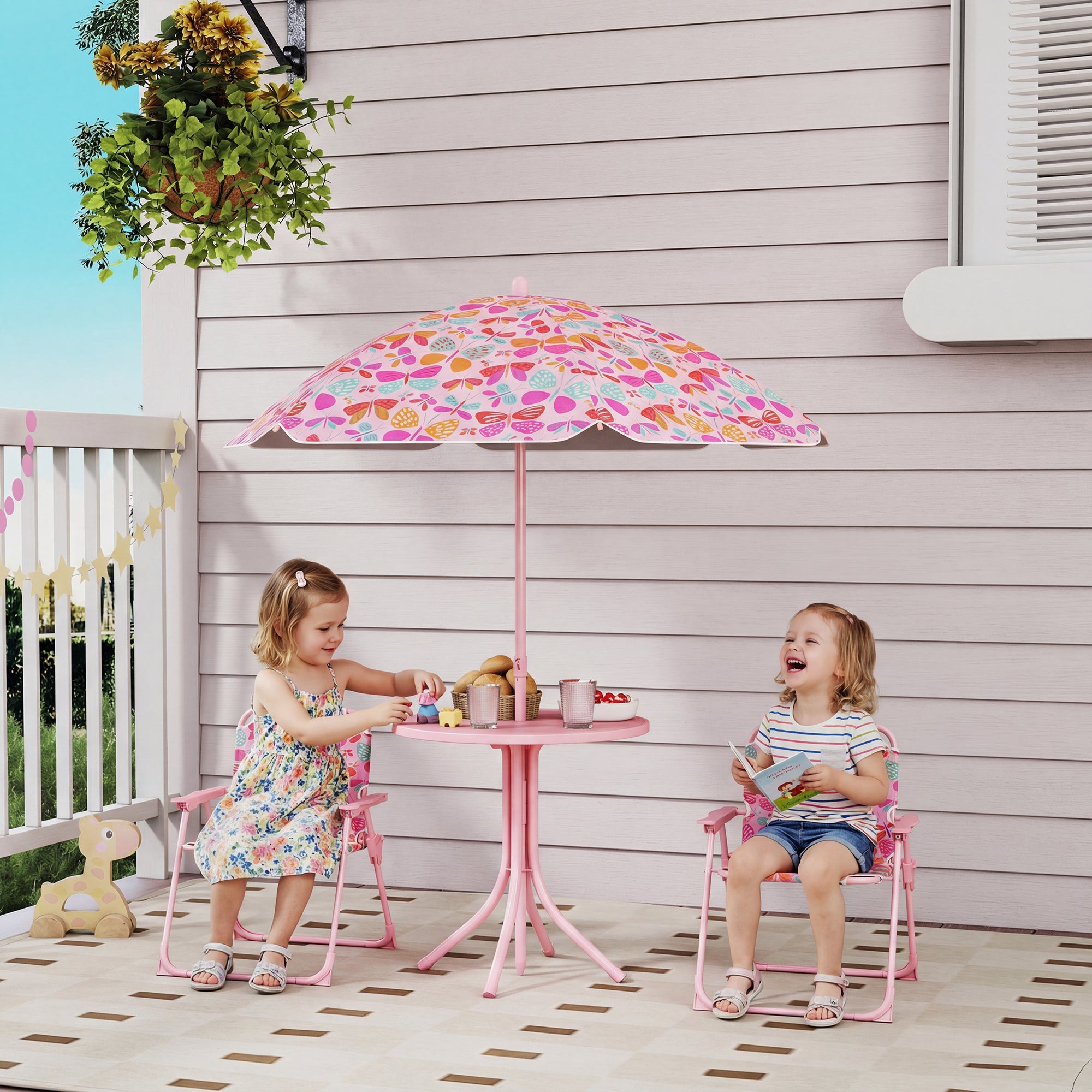 Kids Picnic Table and Chair Set, Outdoor Table with Foldable Chairs, Removable Umbrella, Pink