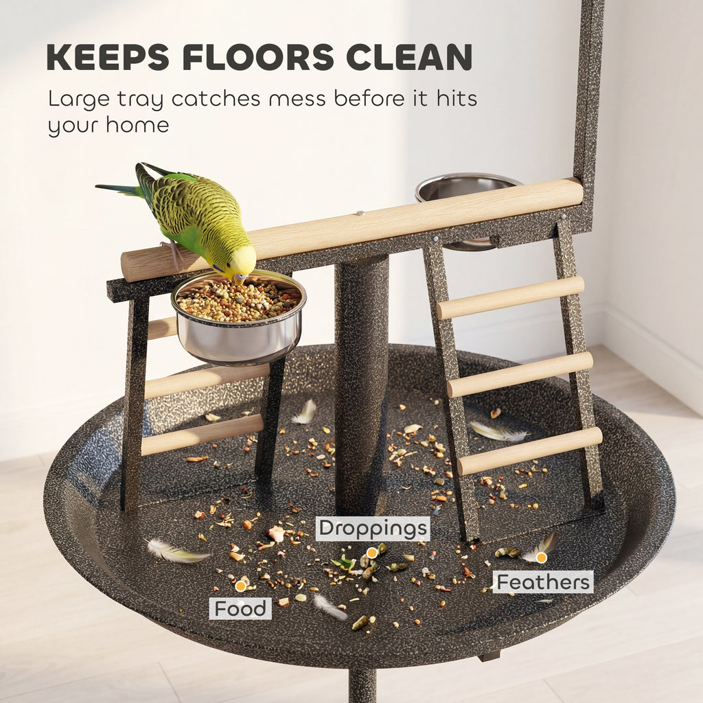 Bird Stand with Wheels Parrot Play Stand with Round Tray Stainless Steel Feed Bowls Indoor Outdoor Dark Gray