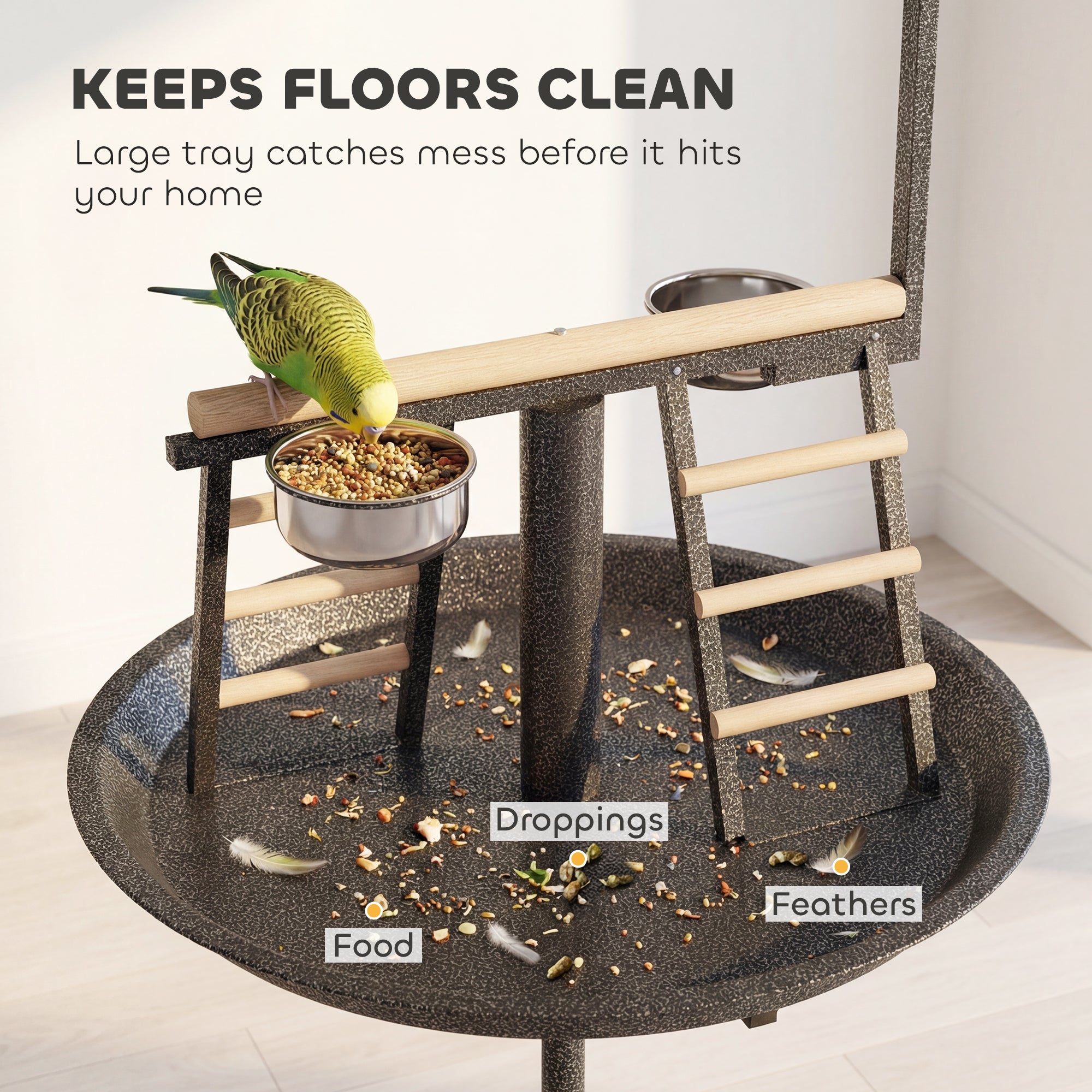 Bird Stand with Wheels Parrot Play Stand with Round Tray Stainless Steel Feed Bowls Indoor Outdoor Dark Gray
