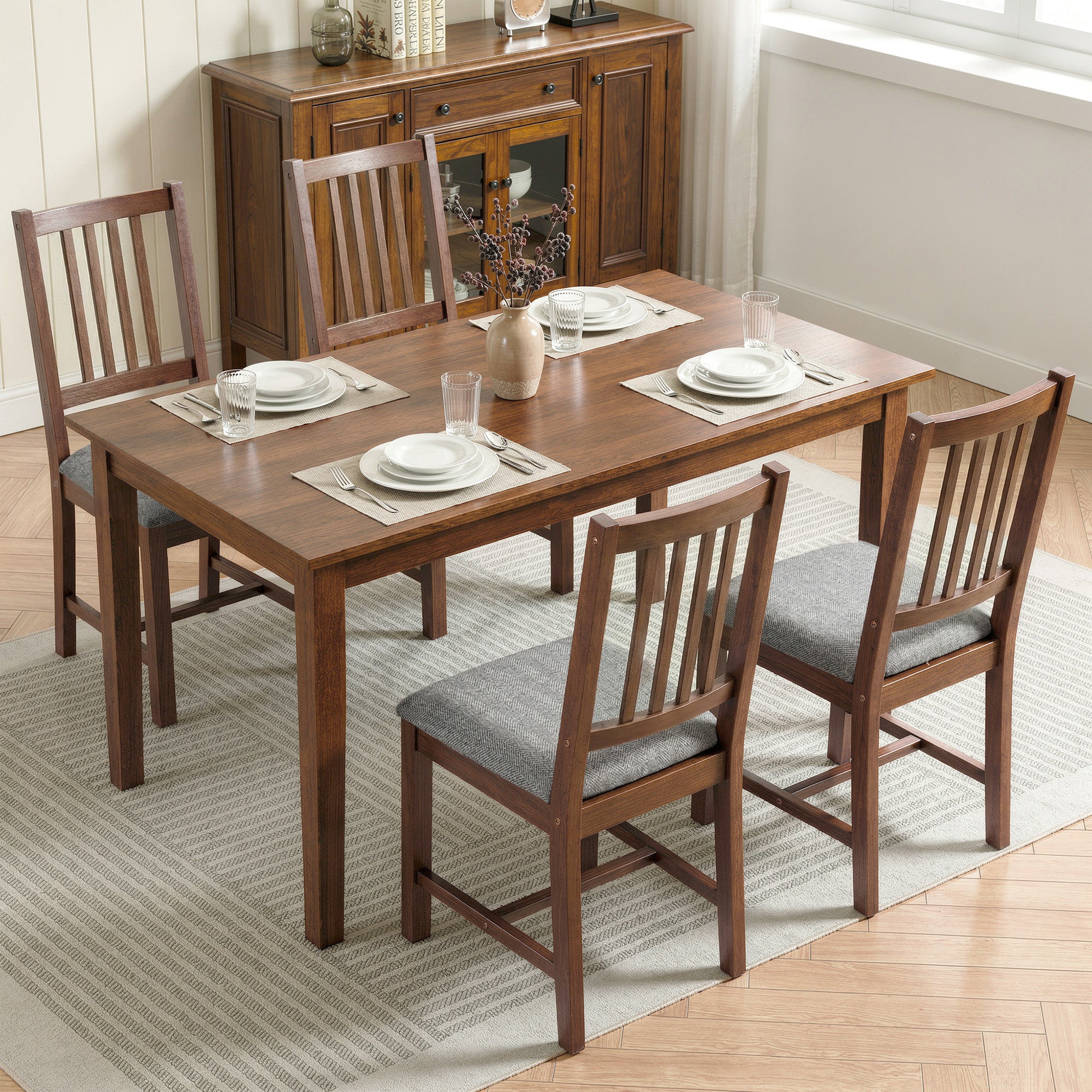 Set of 4 Dining Chairs, Upholstered Dining Room Chairs with Rubberwood Legs for Kitchen, Farmhouse Walnut