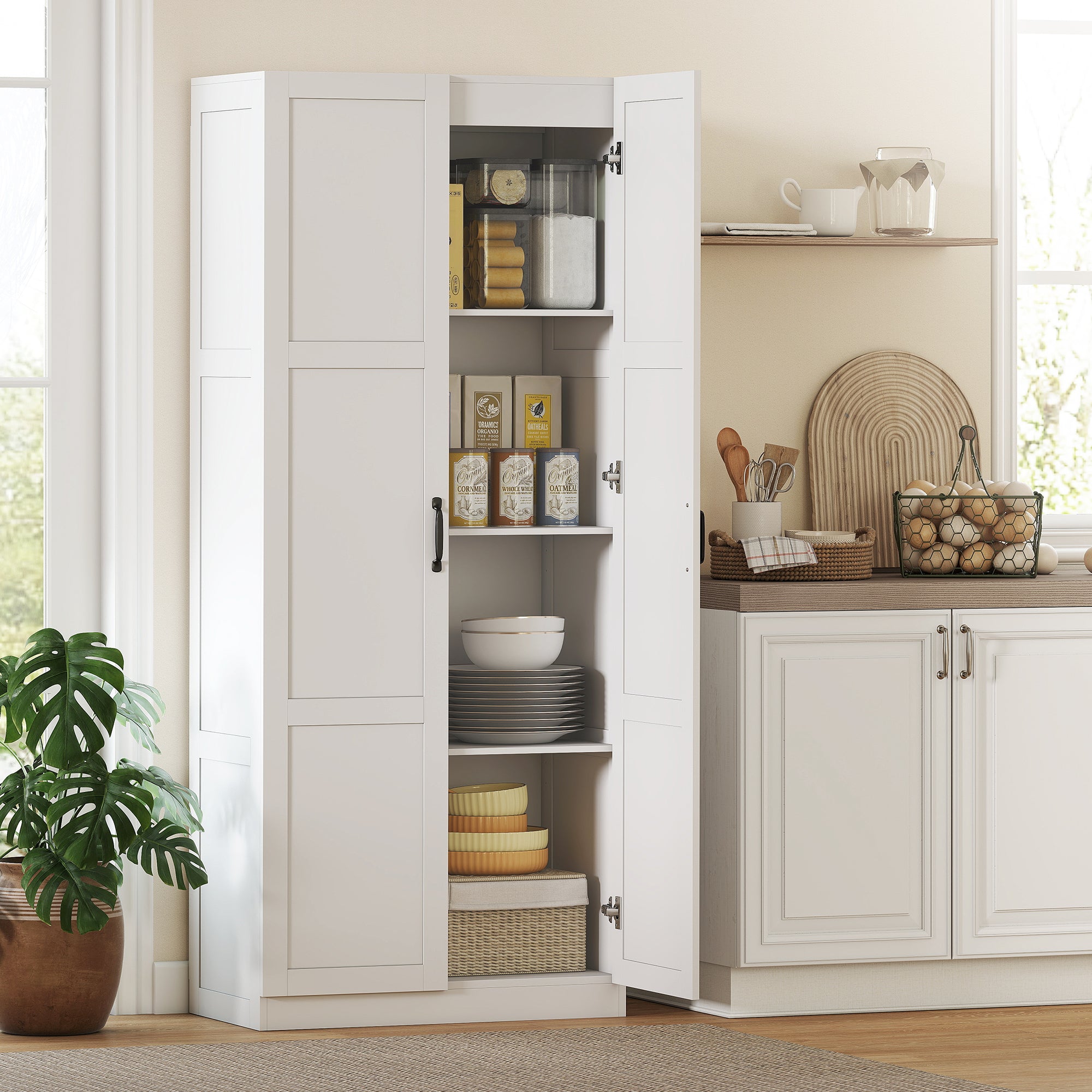 Farmhouse Pantry Cabinet, 71" Tall Kitchen Pantry Storage Cabinet with Soft-Close Hinges, Adjustable Shelves, White