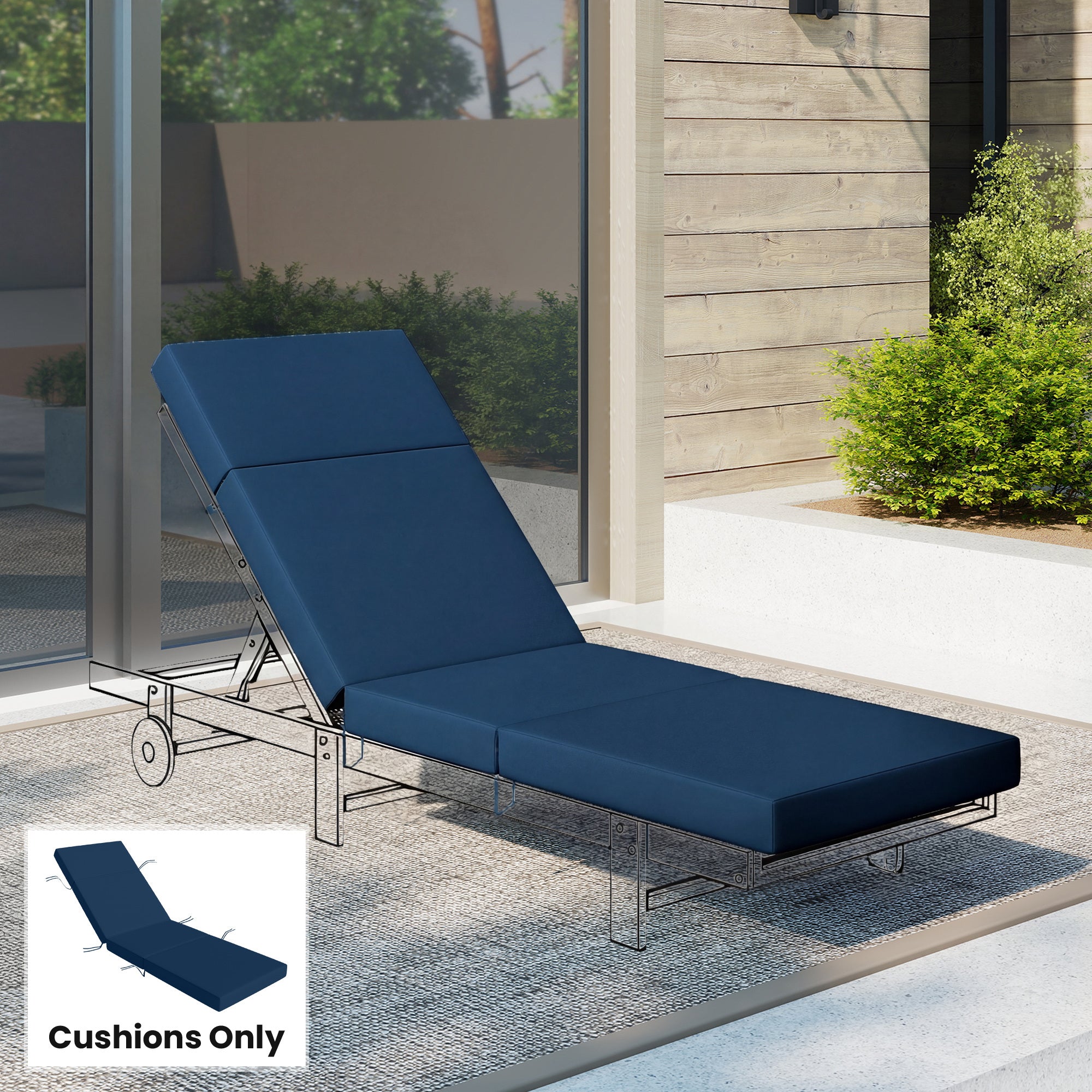 Chaise Lounge Cushion, 4" Thick Outdoor Lounge Chair Cushions with Ties for Patio, 26" x 80", Navy Blue