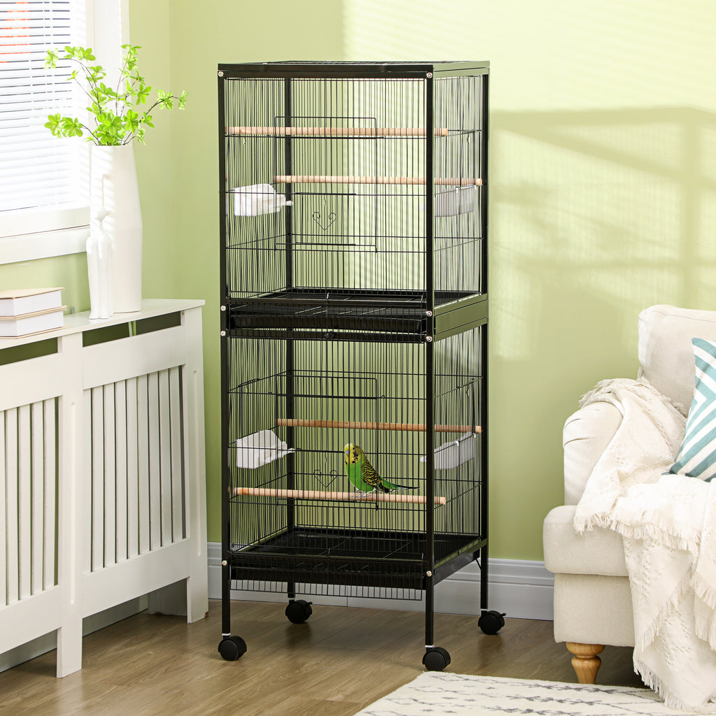 55" 2 In 1 Bird Cage Aviary Parakeet House for finches, budgies with Wheels, Black