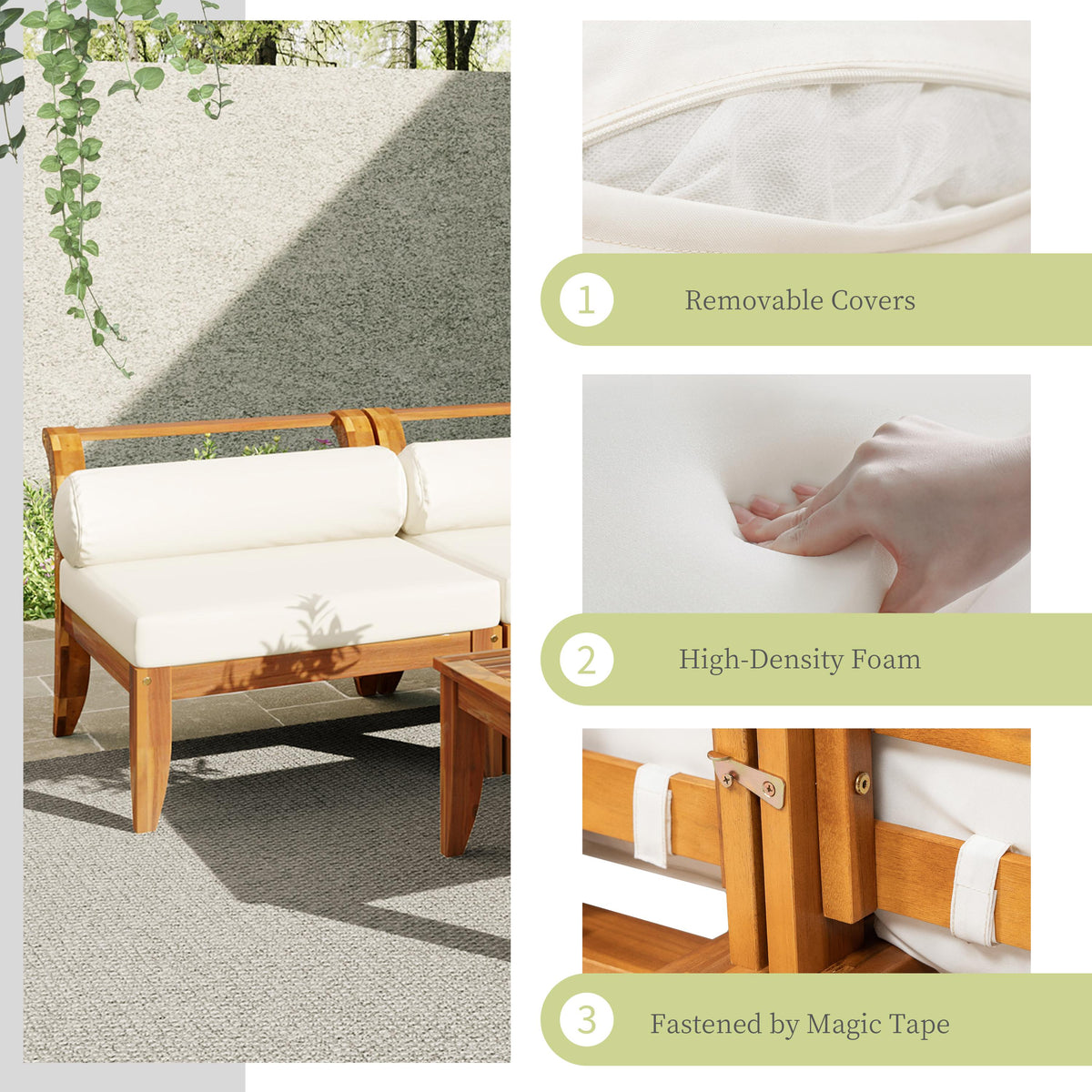 6 Piece Patio Sofa Set with Tea Table & Ottoman for Garden, Modular Sectional with 5 Thick Cushion, 30" L x 27.5" W x 16" H, Teak+Beige
