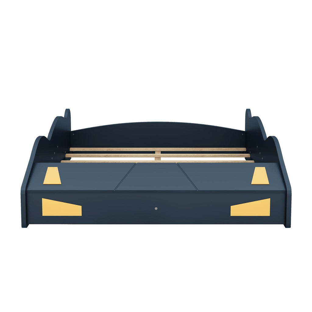 Full Size Race Car-Shaped Platform Bed with Wheels and Storage, Solid Wood and MDF, 90.5" L x 55" W x 15.5" H, Dark Blue