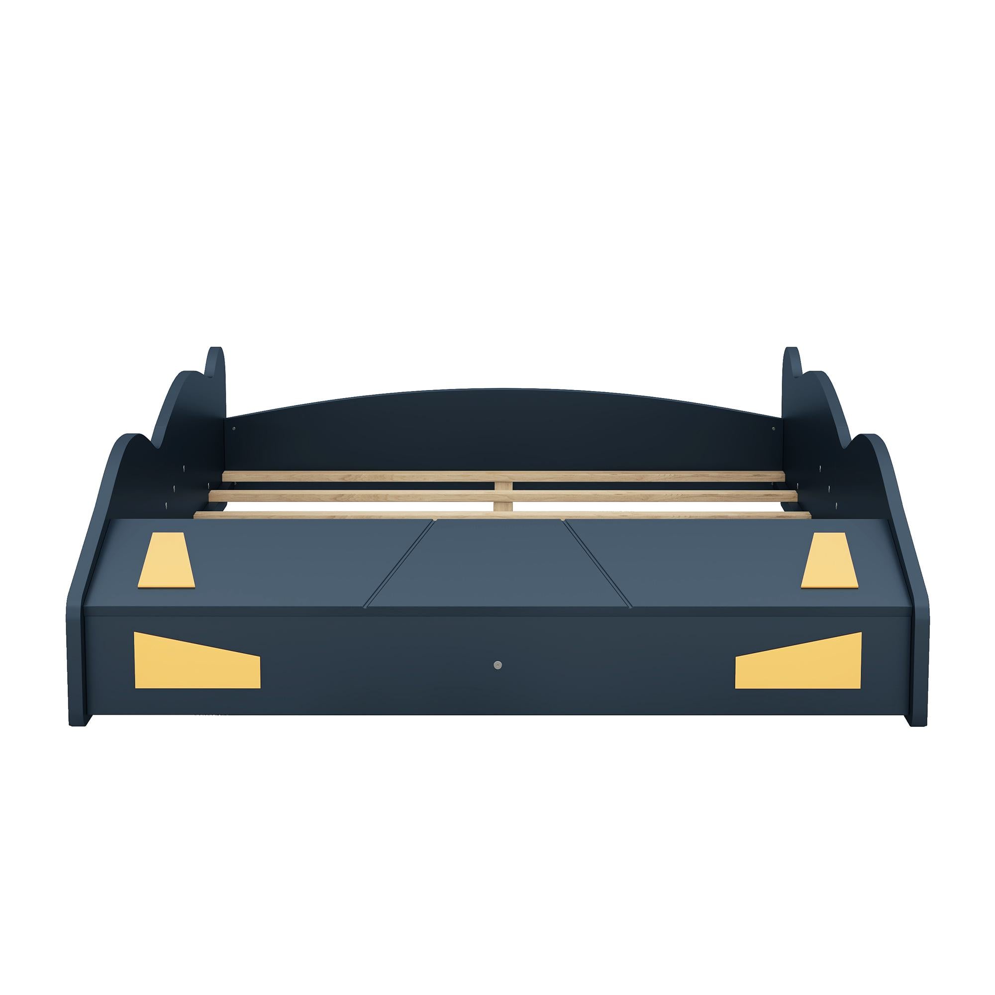 Full Size Race Car-Shaped Platform Bed with Wheels and Storage, Solid Wood and MDF, 90.5" L x 55" W x 15.5" H, Dark Blue