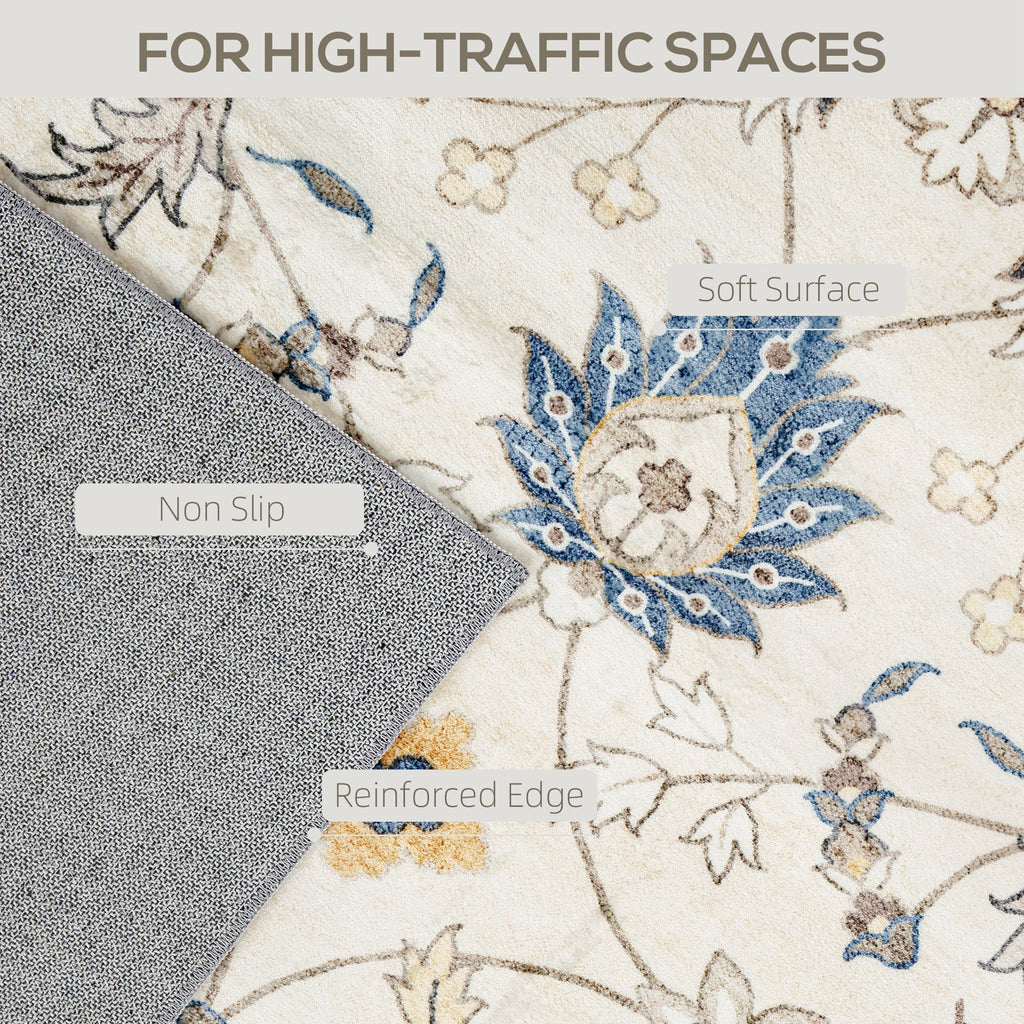 Machine Washable Area Rug 8x10, Non-Slip Boho Floral Print Floor Carpet for Living Room, Bedroom, Dining Room, Blue