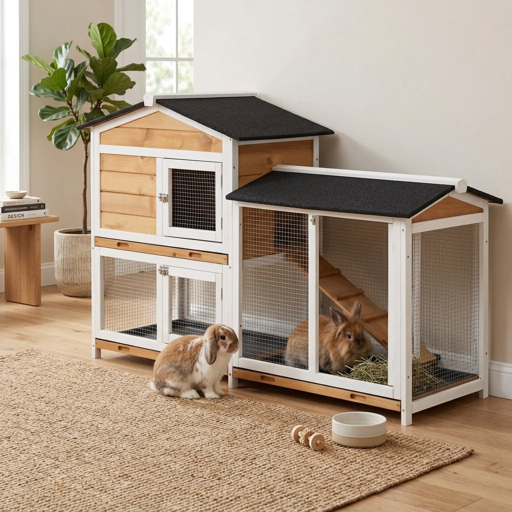 62" Rabbit Hutch, Wooden Bunny Hutch, Guinea Pig Cage, Small Animal Enclosure with Run Area, Removable Tray, Asphalt Roof, Lockable Doors and Ramp, for Rabbits, Chickens, Ducks, Nature Wood