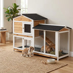 62" Rabbit Hutch, Wooden Bunny Hutch, Guinea Pig Cage, Small Animal Enclosure with Run Area, Removable Tray, Asphalt Roof, Lockable Doors and Ramp, for Rabbits, Chickens, Ducks, Nature Wood