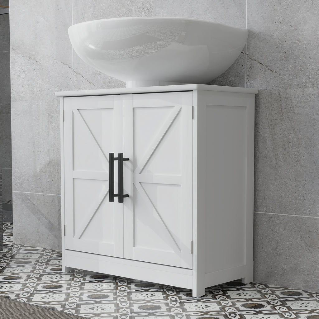 Farmhouse Pedestal Sink Storage Cabinet, Bathroom Sink Cabinet with 2 Barn Doors and Adjustable Shelf, White